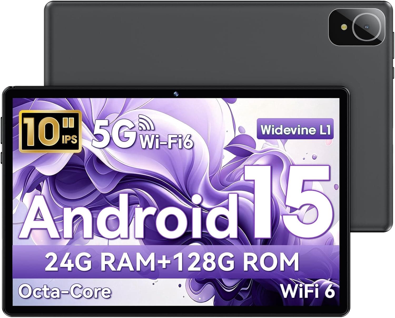 Tablet 10 Pulgadas, Tableta Android 15, Unisoc T30 Quad-Core, 18 GB RAM + 128 GB ROM + 1 TB TF, Pantalla HD IPS 1280x800, Cámara Dual 5MP + 8MP, 6000 mAh, WiFi 6, BT 5.0, Widevine L1, GPS (L90)