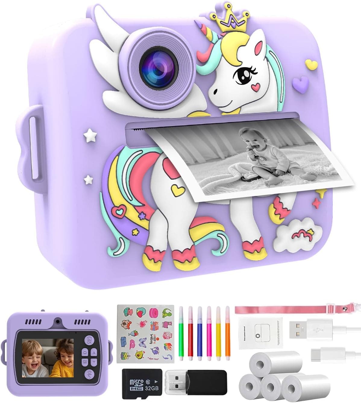 Cámara de Fotos para Niños Instantánea Unicornio, Cámara Digital Infantil con Impresión Sin Tinta, Vídeo 1080P y Pantalla 2.4", Incluye 4 Rollos y Tarjeta 32GB, Juegos y Pegatinas