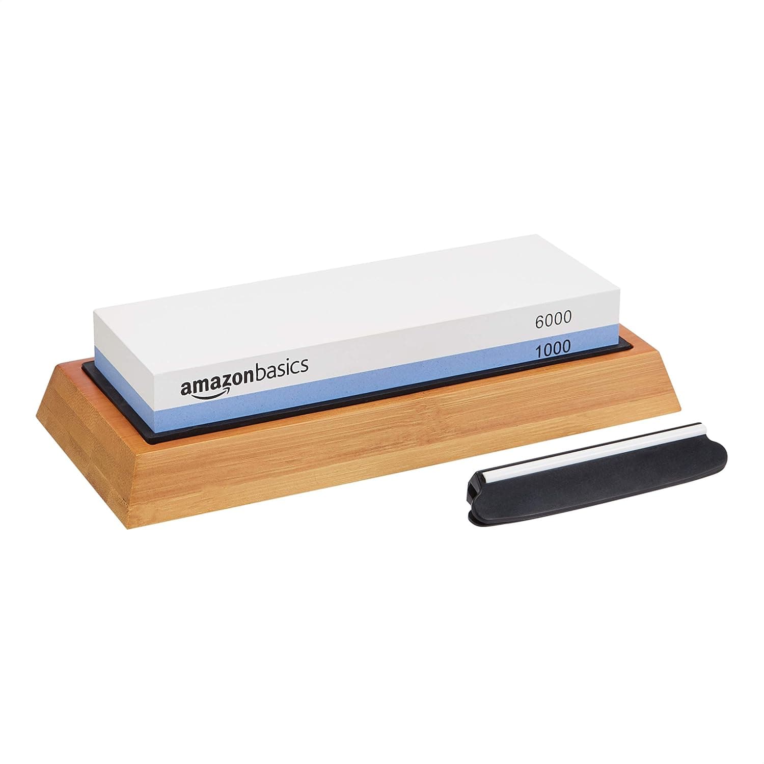 Amazon Basics Piedra de afilar de cuchillos de doble cara, grano 1000/6000 con base de bambú antideslizante, color negro, azul y blanco, 21,34 x 9,14 x 4,57 cm