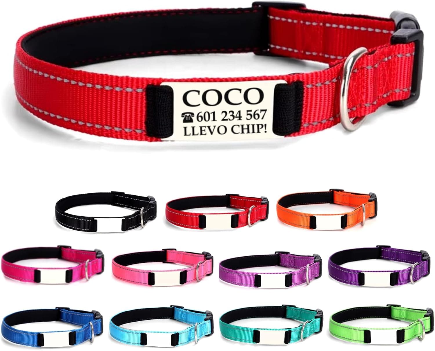 Collar Perro Personalizado con Nombre para Mascotas Medianas, Reflectante, Ajustable De 35 a 50 cm, Grabado Láser, Seguro y Cómodo (Rojo, M Mediano)