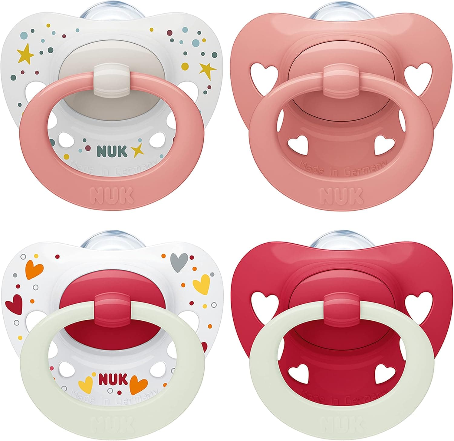 NUK Signature Day & Night chupete | 0-6 meses | Calma al 95 % de los bebés | Chupetes de silicona sin BPA en forma de corazón | Brilla en la oscuridad | Corazones | 4 unidades