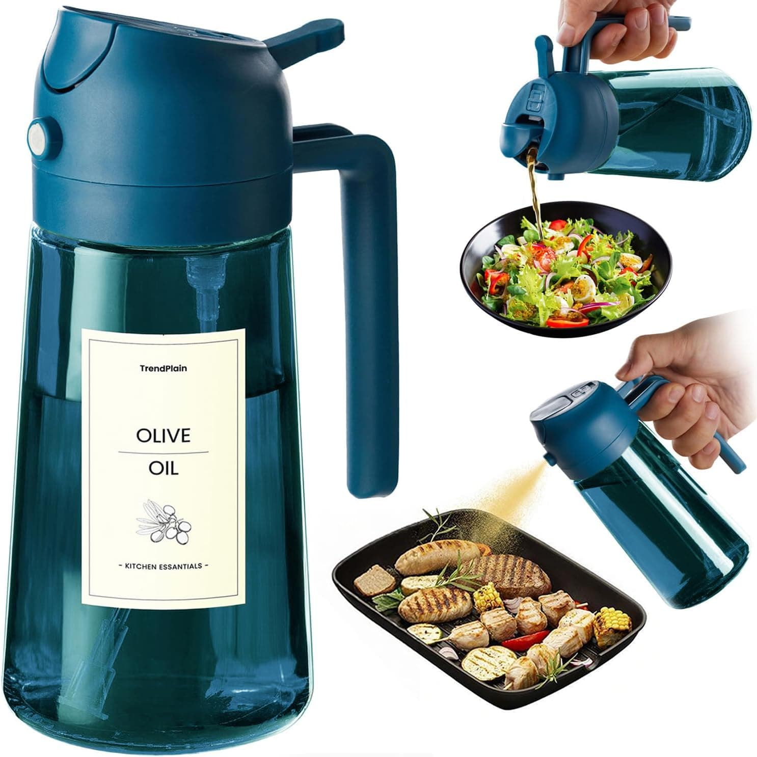 TrendPlain Pulverizador Aceite Spray 470ml - 2 en 1 Spray Aceite Cocina, Dispensadora para Freidora de Aire, Ensaladas, Vinagre y Accesorios Cocina (1 unidad, Azul Marino-2)