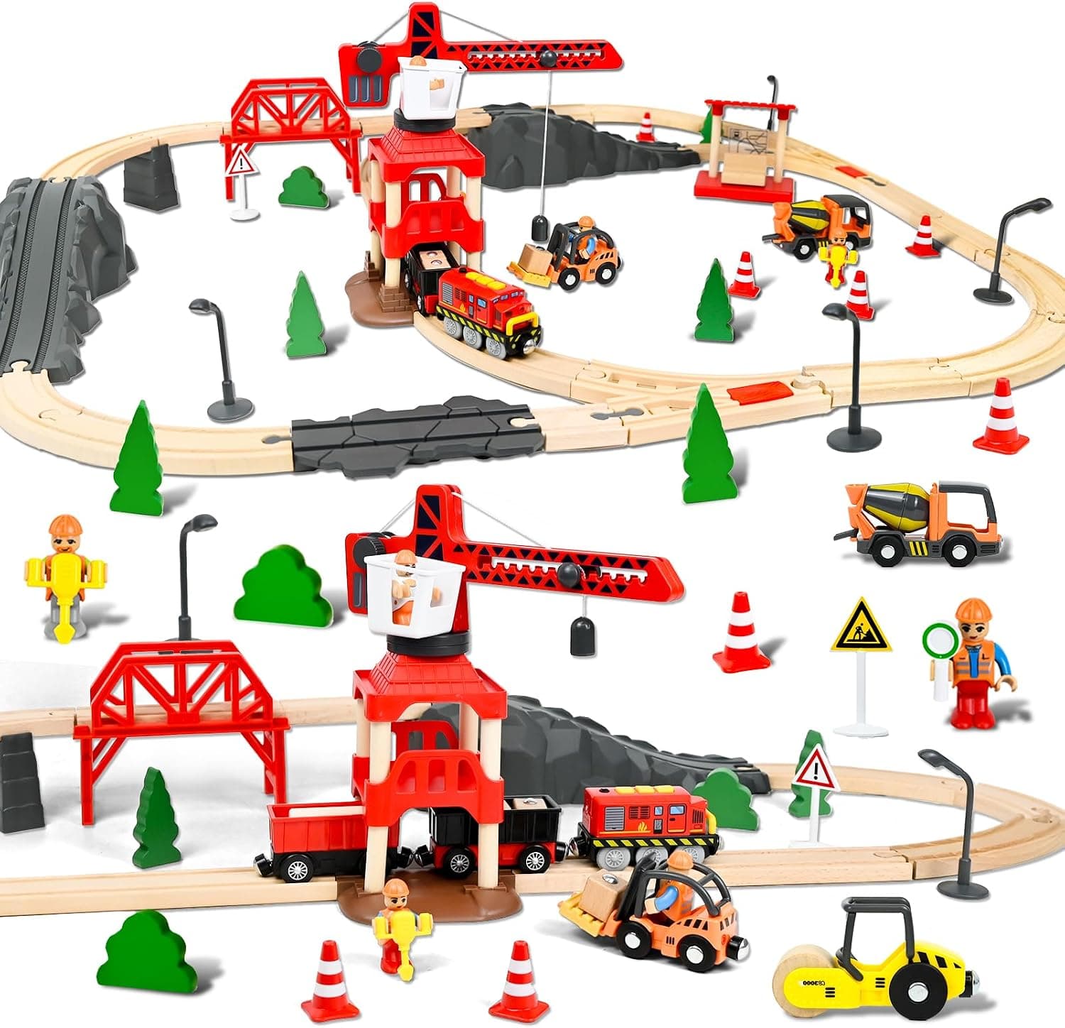 FORMIZON 87 Piezas Pistas de Tren Madera, Ferrocarril Madera con Tren Eléctrico y Coche de Bomberos, Tren Juguetes Regalos de Cumpleaños y Navidad para Niños, Compatible con Las Principales Marcas