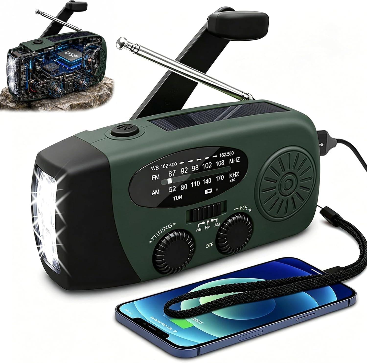 Radio Solar de Emergencia con Manivela Portátil, FM/AM 2000mAh 3 Modos de Luz LED Linterna, Carga Solar USB-C y Manivela, Resistente al Agua Ideal para Camping Viajes Supervivencia y Cortes de Energía