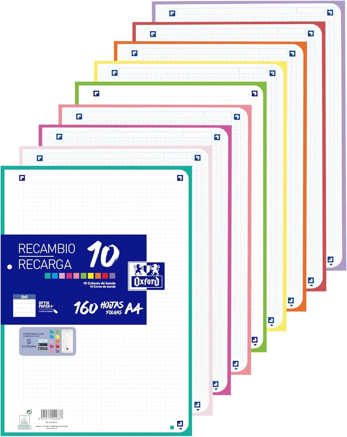 Oxford - Hojas Cuadriculadas A4 Perforadas, Recambio Archivador, 160 Hojas, Cuadrícula 5x5, 10 Colores de Banda