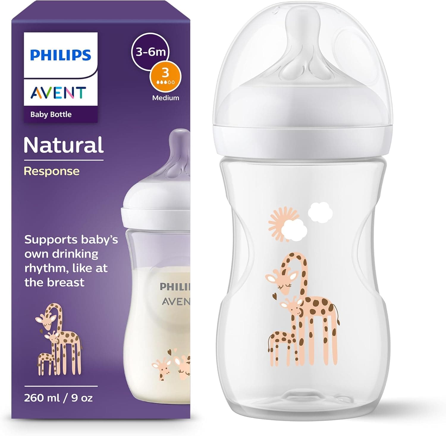 Philips Avent Biberón Natural Response: biberón de 260 ml sin BPA para bebés de 3 a 6 meses, estampado Jirafa (modelo SCY903/66)