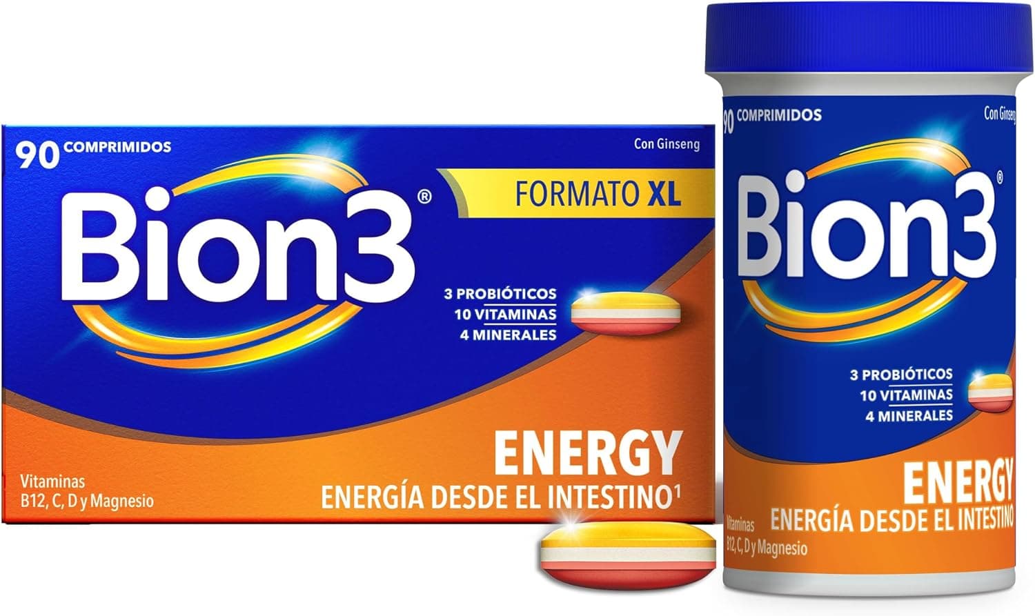 Bion3 Energy Comprimidos Multivitamínicos con Probióticos, Complemento Alimenticio para Energía Física y Mental¹ y Reducción de Fatiga¹, Magnesio, Vitamina C, D, Complejo B, y Ginseng, 90 comprimidos