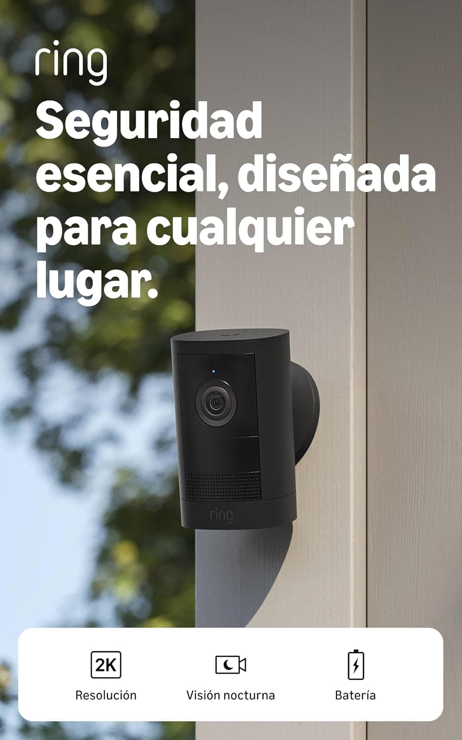 Ring Outdoor Camera 2K, Cámara exterior, Batería (última gen.), Fácil instalación por cuenta propia, Vídeo Retinal 2K de gran angular, Zoom mejorado de hasta 6 aumentos y visión nocturna, Negro