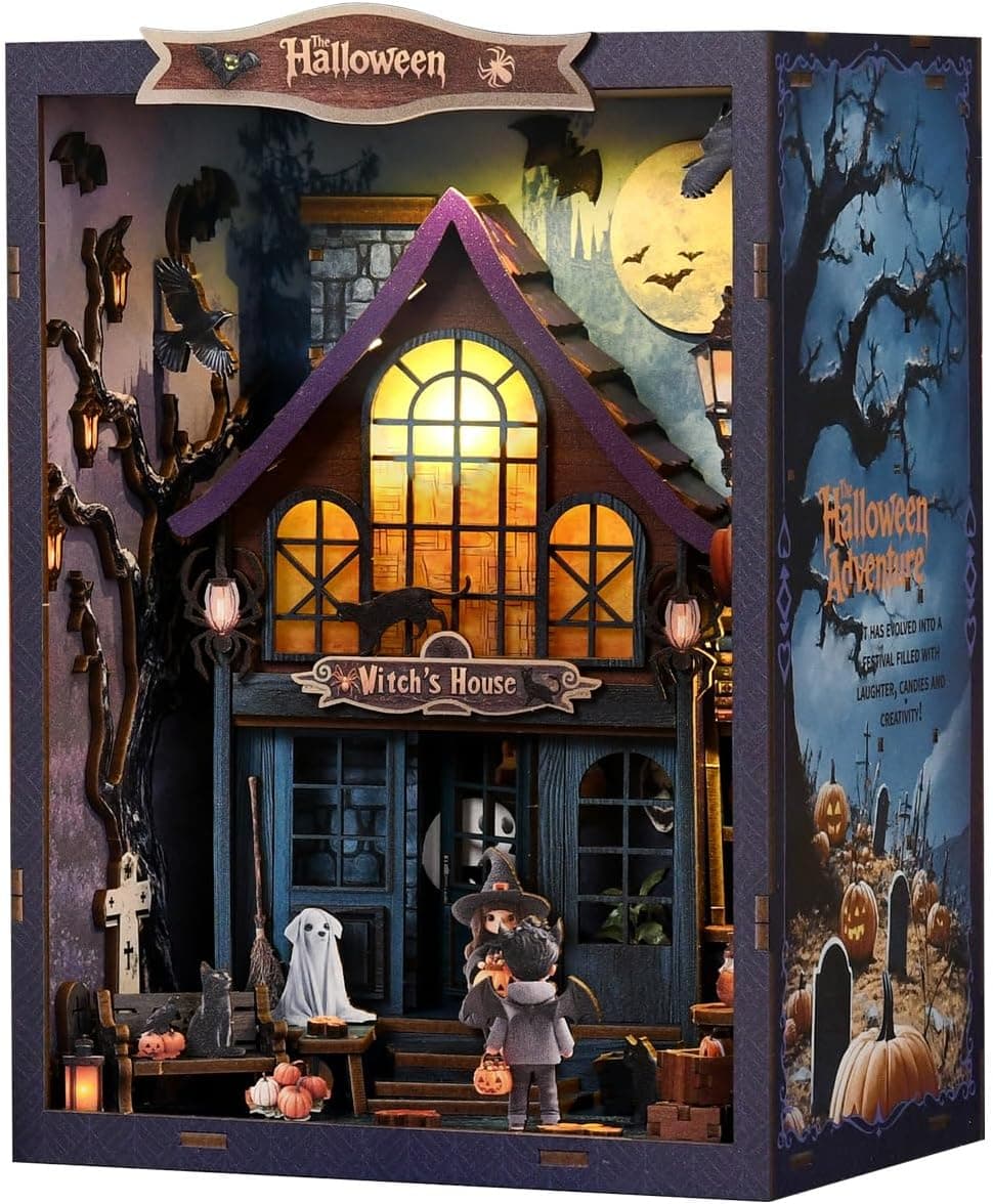 DIY Book Nook Kit-Noche Mágica en un Castillo Antiguo - Decoración de sujetalibros para Halloween, Kit de rincón de Lectura en Miniatura para casa de muñecas con luz LED, Kit de rincón para Adultos