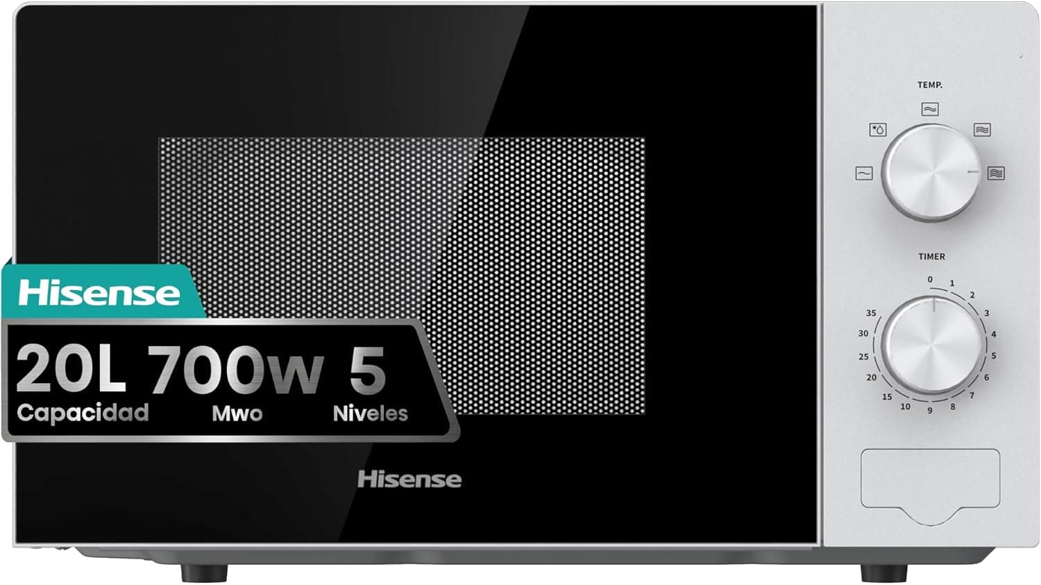 Hisense H20MOWP1 - Microondas 20L, 700W, Revestimiento Cerámico, Cristal Premium, 5 Niveles de Potencia, Función de descongelación, Fácil Limpieza, Temporizador de cocción, Blanco