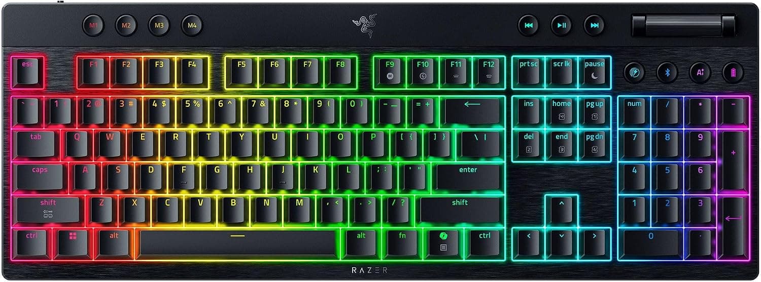 Razer BlackWidow V4 Low Profile HyperSpeed - Teclado Gaming mecánico inalámbrico de Perfil bajo - Wireless y BT - Rueda multifunción y 11 Botones - Interruptor Naranja - QWERTY Teclado US | Negro