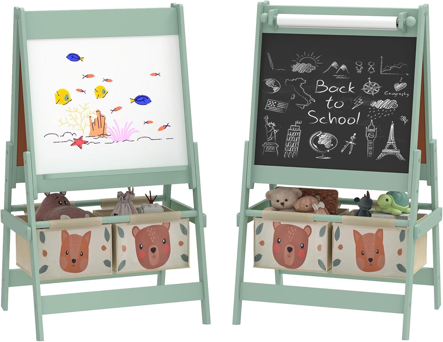 AIYAPLAY Caballete para Niños 3 en 1 Infantil de Doble Cara de Arte con Rollo de Papel Pizarras y 2 Cestas de Almacenamiento 54x46,5x93 cm Verde