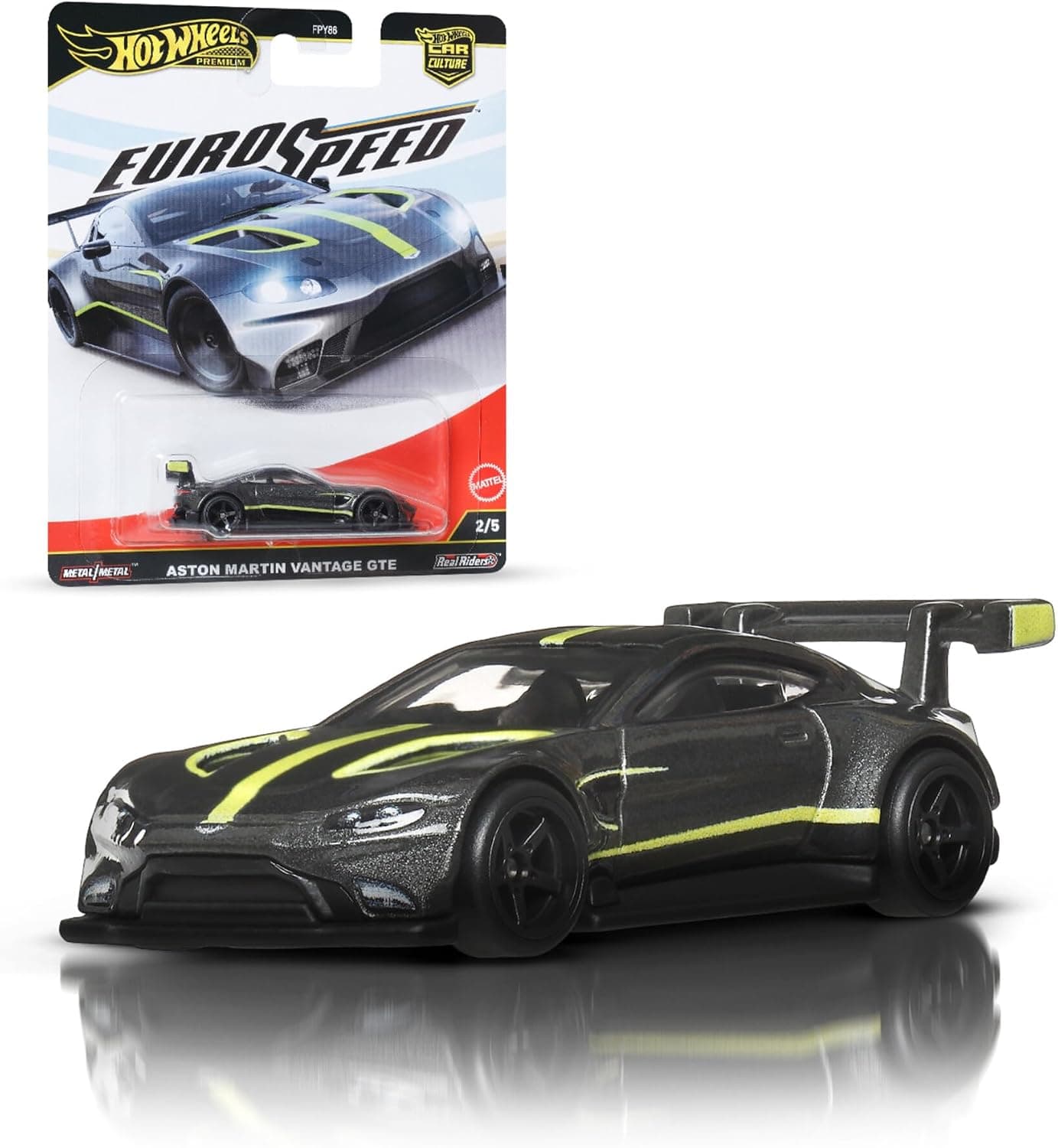 Hot Wheels Car Culture Premium, coche de juguete a escala 1:64 fabricado en metal fundido a presión, Aston Martin Vantage GTE con neumáticos Real Riders y carrocería/chasis de metal, Eurospeed, JBK56