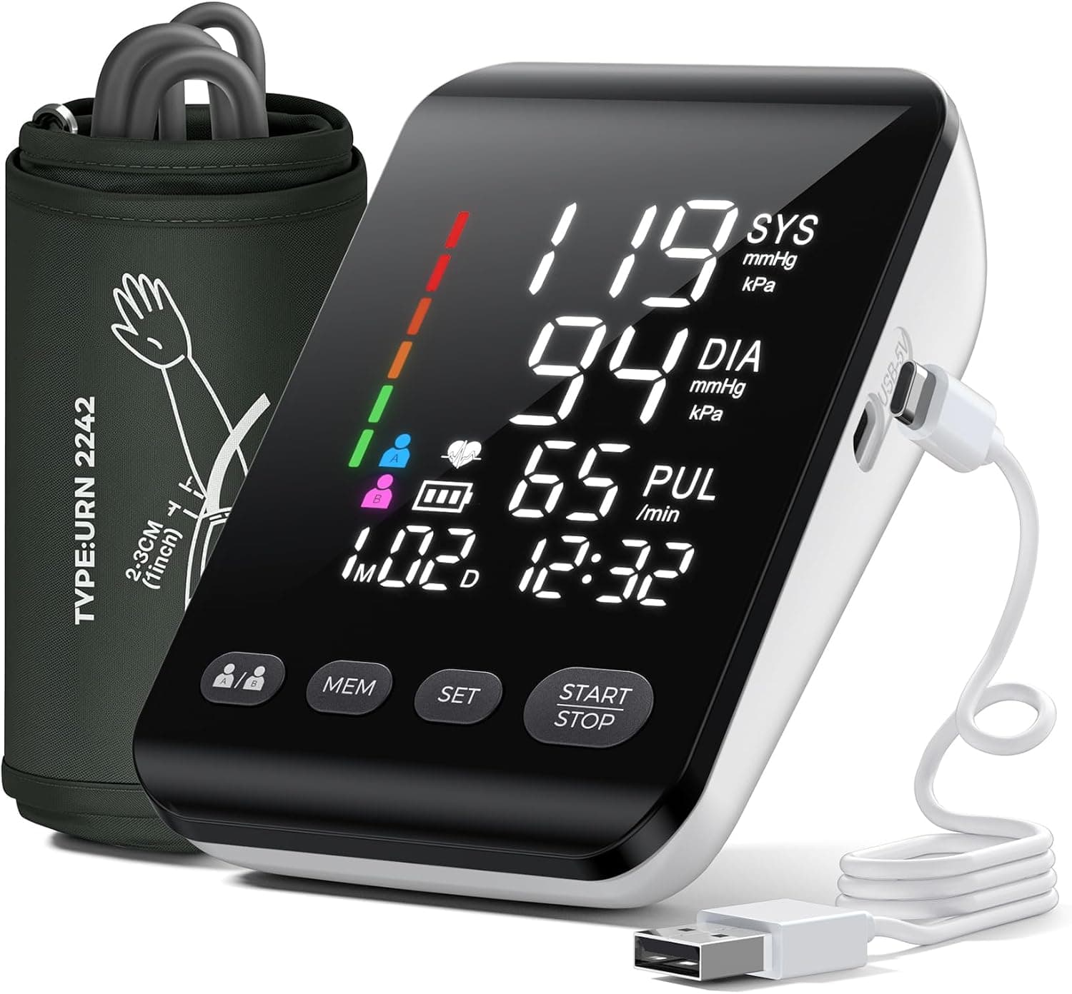 Tensiometro de Brazo Digital, Medidor Tension Arterial Profesional, Aparato Tension Arterial con Pantalla LED HD, Se Pueden Registrar 2 x 199 Datos de Usuario,Cable de Carga de Batería AA/Tipo-C