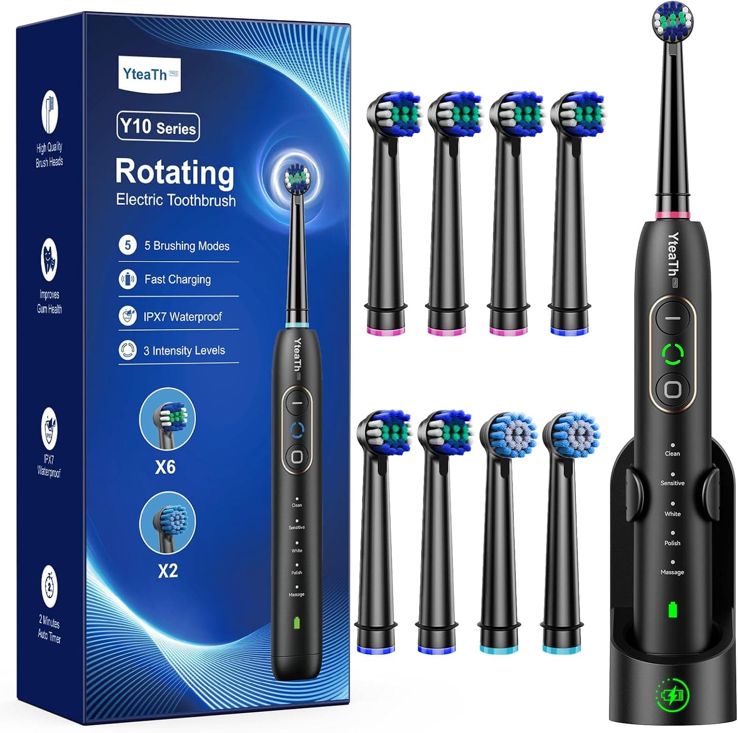 Cepillo de Dientes Eléctrico de Rotación para Adultos - Cepillo Eléctrico 3 Intensidades, 5 Modos, 8 Cabezales, IPX7 Impermeable, Cepillo Dientes Electrico Viaje Recargable, Negro Profundo