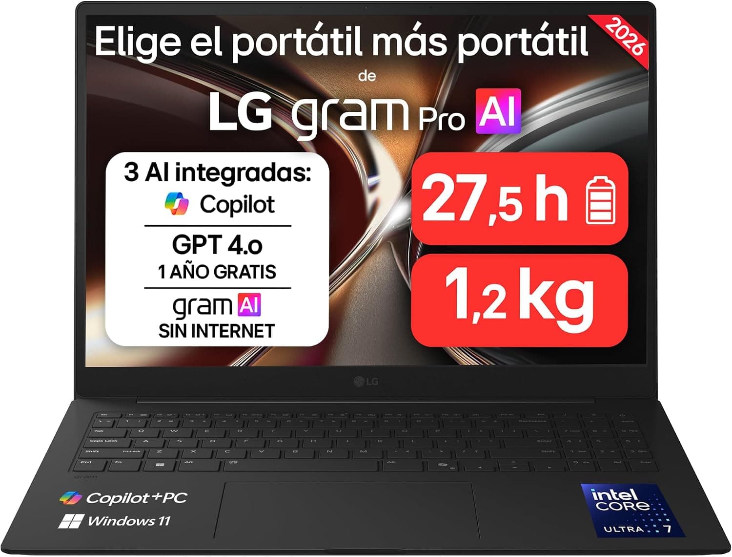 LG gram Pro 16Z90U-G.AU85BN - Ordenador Portátil Ultraligero de 16" Intel Core Ultra 7 355, 32 GB RAM, 512 GB SSD, IPS Antirreflejo, 1239g, 27.5h, Windows 11, Teclado QWERTY Español, Negro