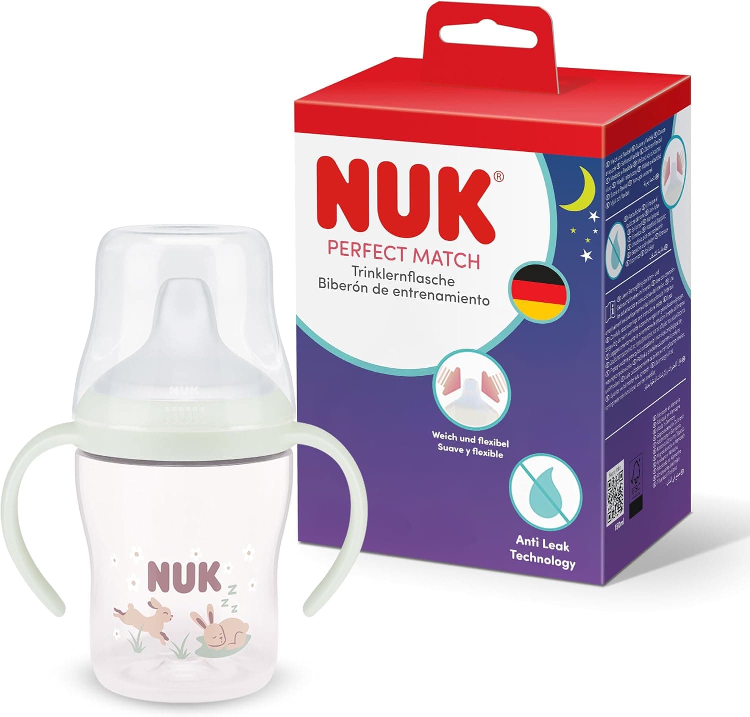 NUK Perfect Match Night Vaso Aprendizaje Bebe | 6+ meses | 150 ml | Vaso antiderrames para niños pequeños | Asas antideslizantes | Brilla en la oscuridad | Conejo | 1 unidad