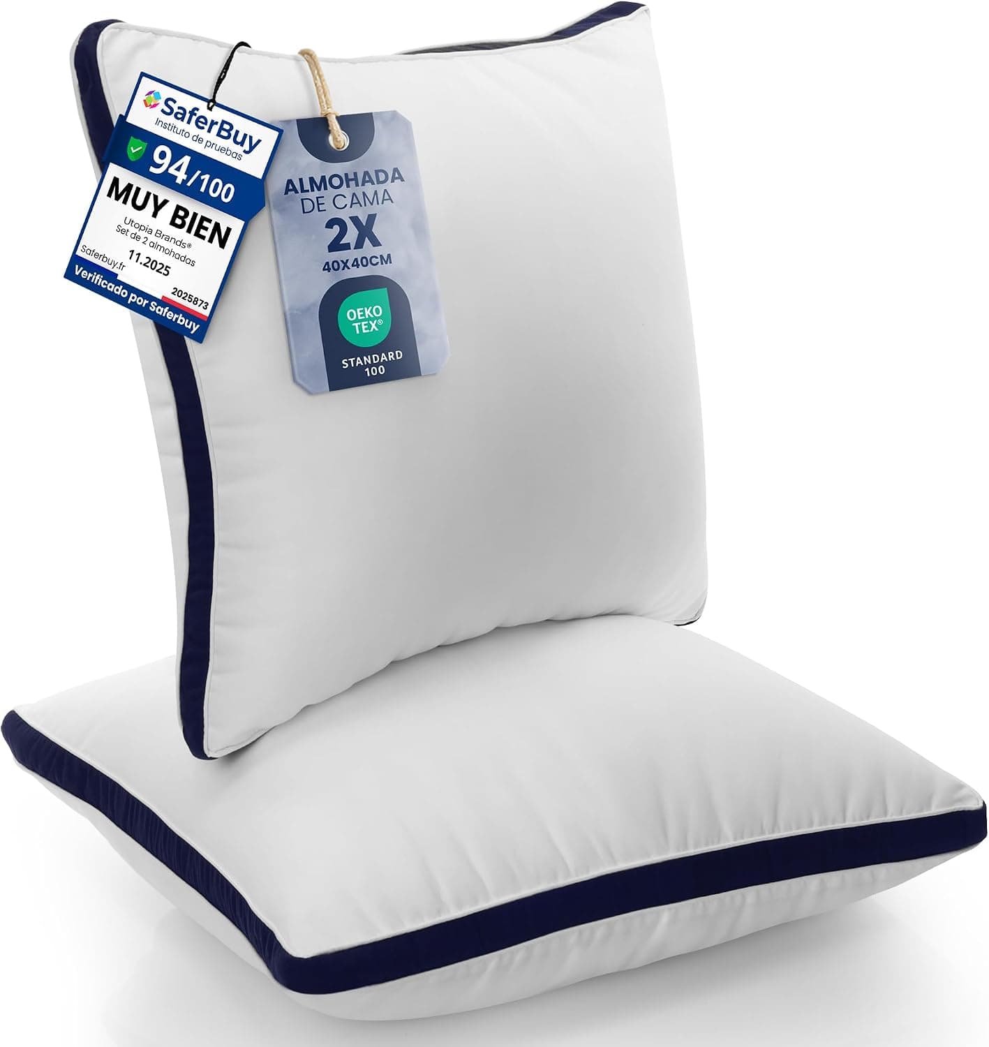 Utopia Bedding Almohada 40 x 40 cm Pack de 2, Microfibra, Azul Marino
