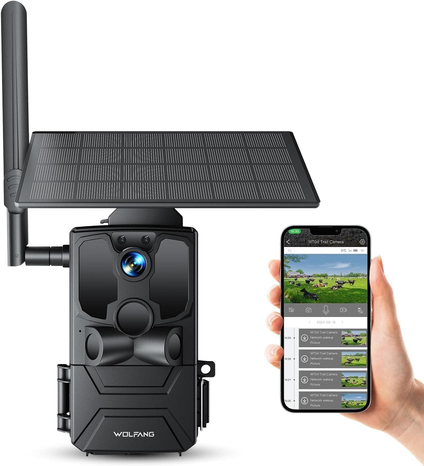 WOLFANG Cámara de Caza Solar, 4G LTE Camara Fototrampeo 2.5K con Detección PIR Nocturna por Infrarrojos Invisible, Alerta, Audio Bidireccional, IP66 para Vida Silvestre y Monitoreo de Seguridad, negro