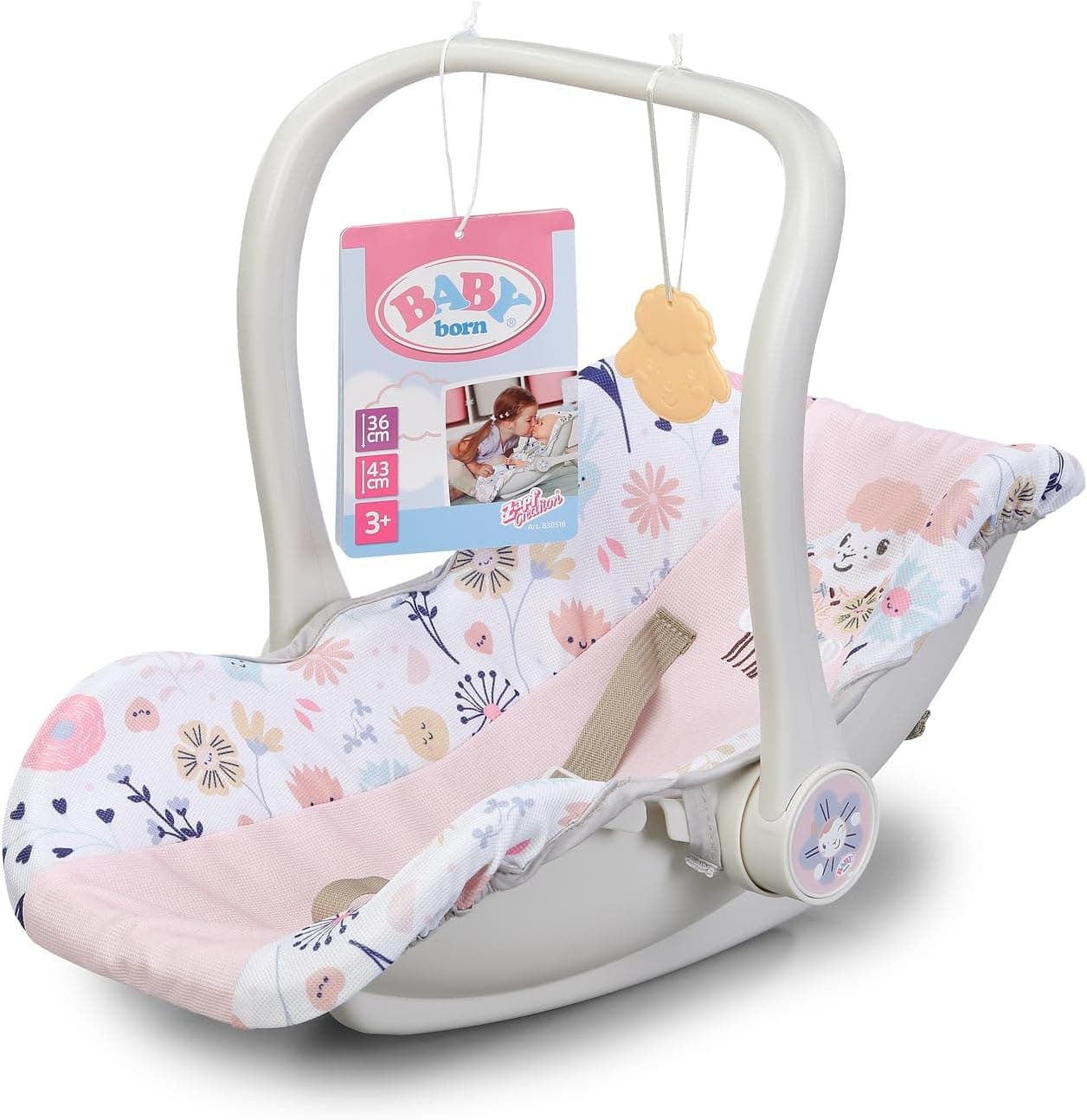 Baby Born Asiento de Coche para muñecas de 36 cm y 43 cm - con diseño Floral, asa de Transporte Ajustable y arnés de 3 Puntos - Accesorio de muñeca