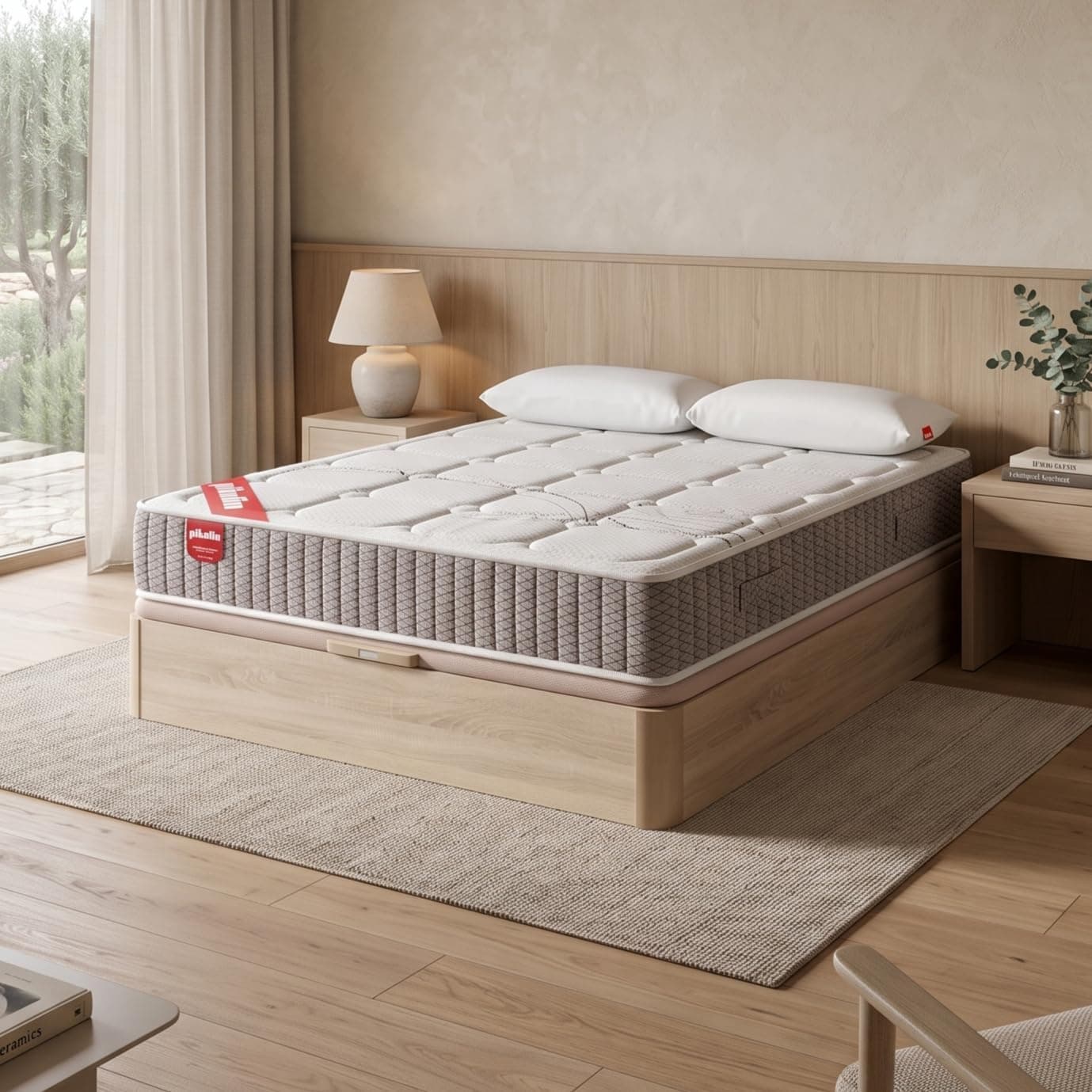 PIKOLIN Pack Colchón Troas de Muelles Ensacados 150x190 + Canapé Base Abatible Color Natural y 2 Almohadas de Fibra | Incluye Subida a Domicilio, Montaje y Retirada de Usado