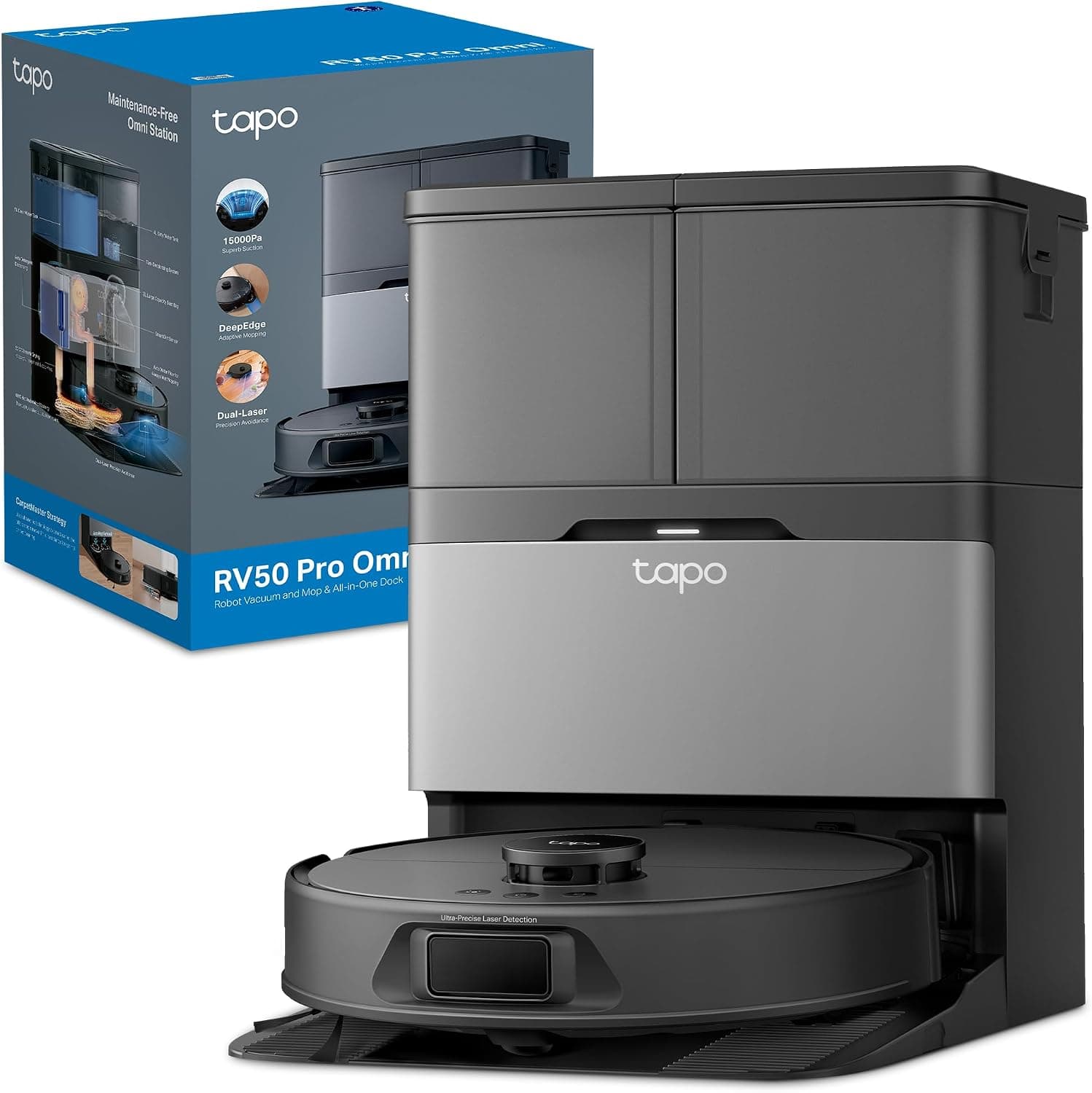 Tapo Robot Aspirador RV50 Pro Omni – 15.000 Pa, Navegación Láser Dual, Autovaciado, Cepillos Antienredo para Mascotas, Limpieza de Bordes, Estación Todo-en-Uno con Depósito de Agua 5L (Negro Oscuro)