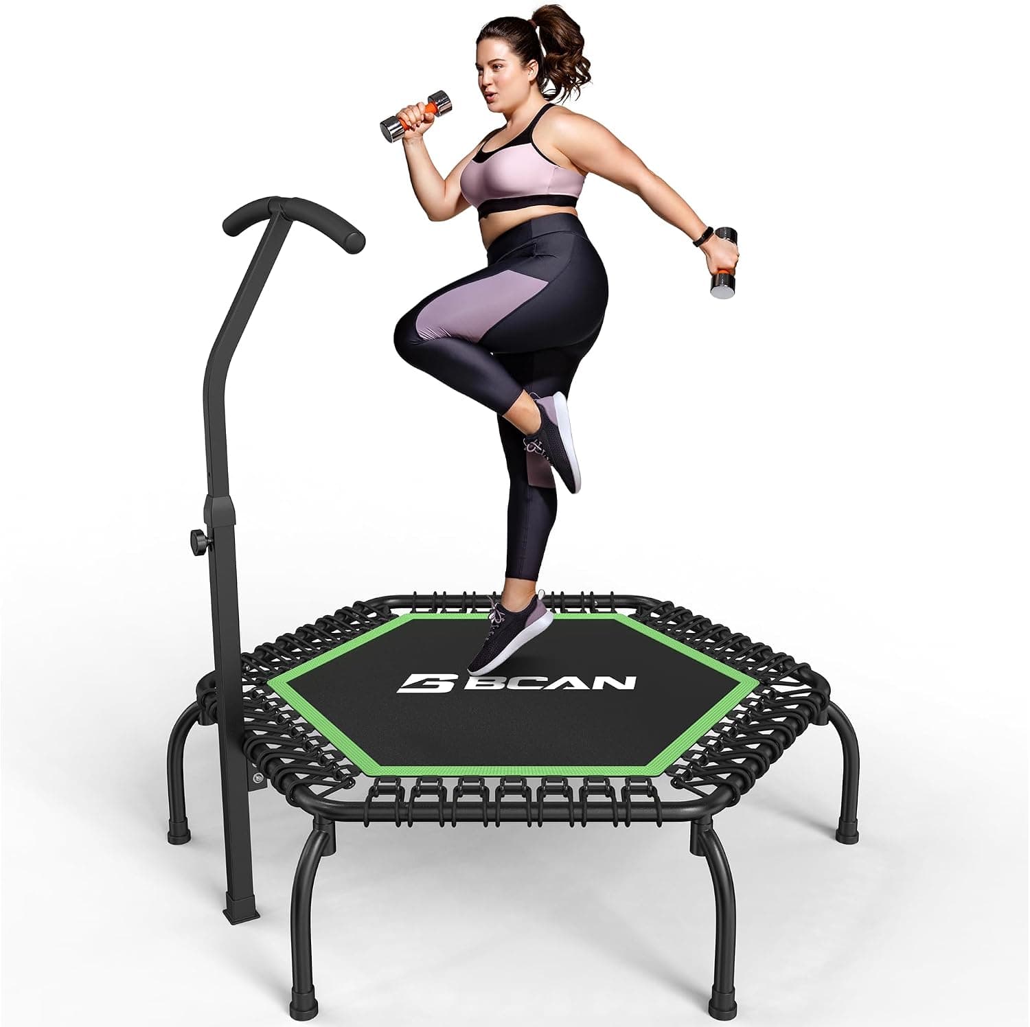 Cama elástica de Interior BCAN Fitness, Ø 102/122/130 cm de diámetro, Mini Cama elástica/de muelles, Apta para Adultos de hasta 204/250 kg, con Asas Ajustables, silenciosa y de Baja vibración.