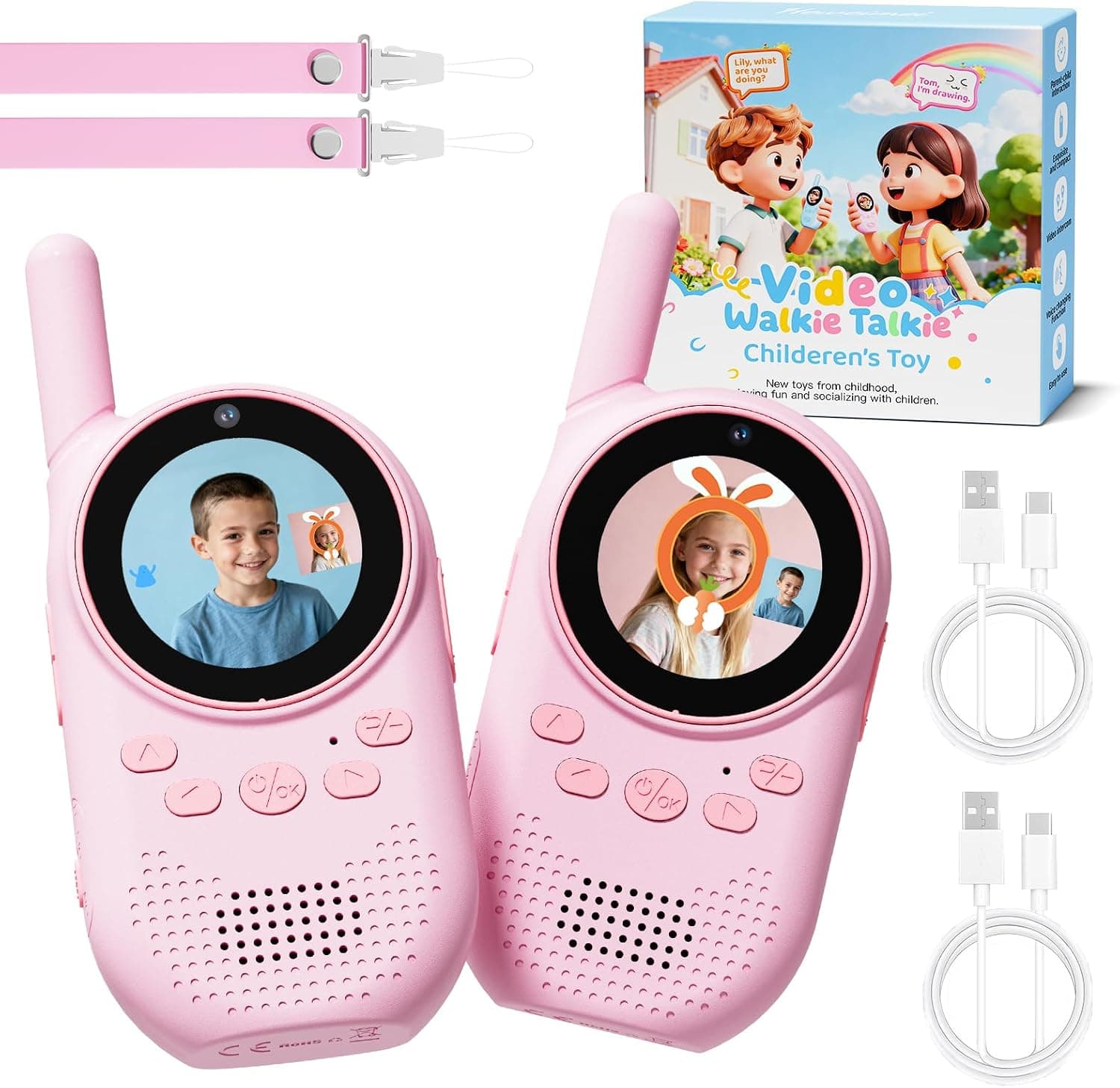Video Walkie Talkie Niños, Walkie Talkie Recargable De Largo Alcance con Cámara HD, Cambiador De Voz Y Videollamada, Regalo para Niños de 3 a 12 Años (Rosa/Rosa)