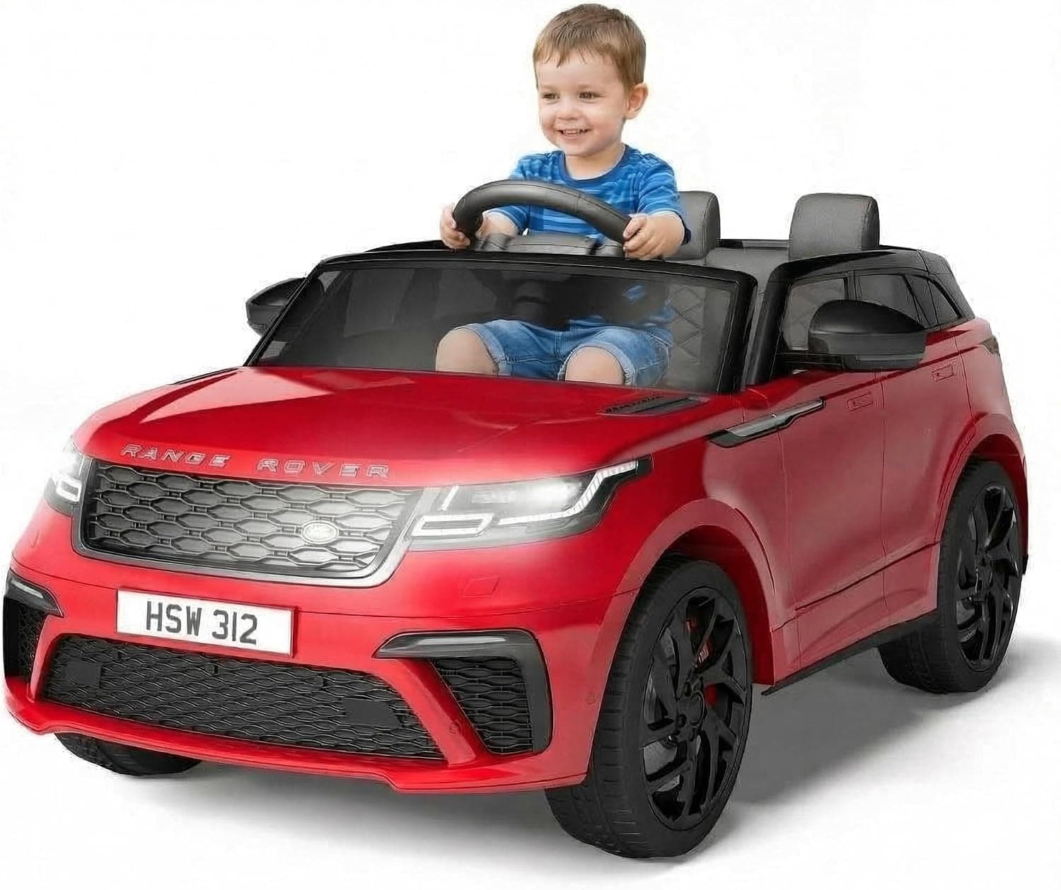 Garvee Coche Eléctrico Infantil con Licencia Land Rover - Grande 2 Plazas, Puertas Hidráulicas, Doble Motor 12V, Control Remoto 2.4G, Altavoz, Bocina, Luces LED, Seguro Niños 3-6 Años, Color Rojo