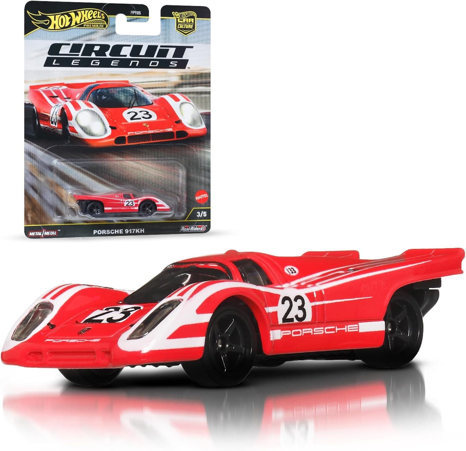 Hot Wheels Premium Car Culture Circuit Legends Porsche 917K Coche de juguete metálico coleccionable a escala 1:64, vehículo con neumáticos Real Riders, JBK63
