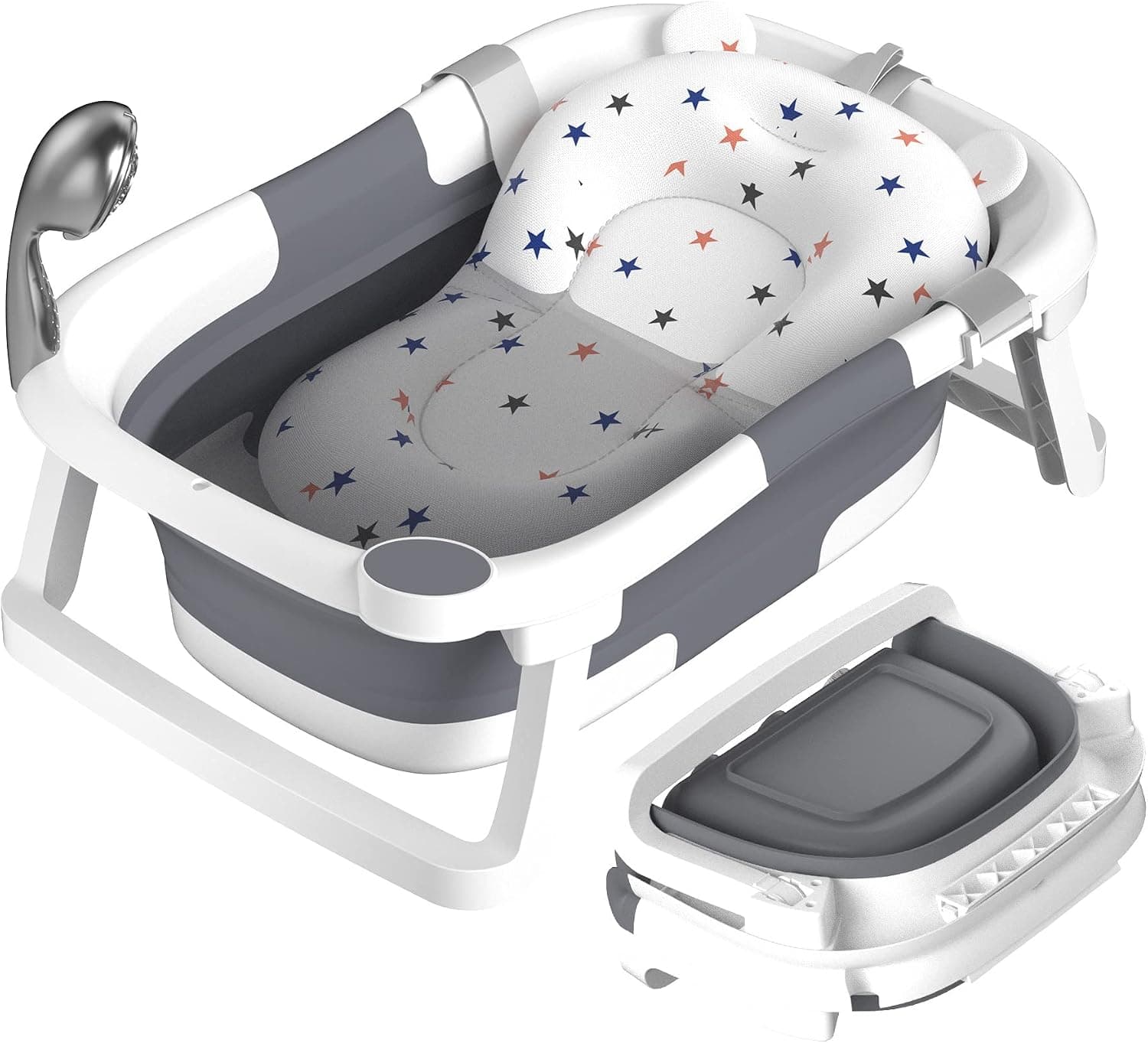Bañera Plegable Bebé, Imprescindible para Bebe, Recién Nacido a Niño Pequeño, Bañera de Viaje Portátil con Alfombrilla Antideslizante y Orificio de Drenaje (Sin Termómetro)(Gris)