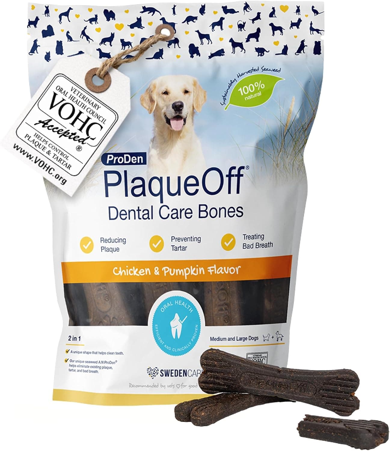 ProDen PlaqueOff 13 Huesos Dentales Sabor Pollo para Perros Medianos y Grandes – Limpiador Sarro Dental, Placa y Mal Aliento – Huesos para Perros Grandes Snacks para Perros