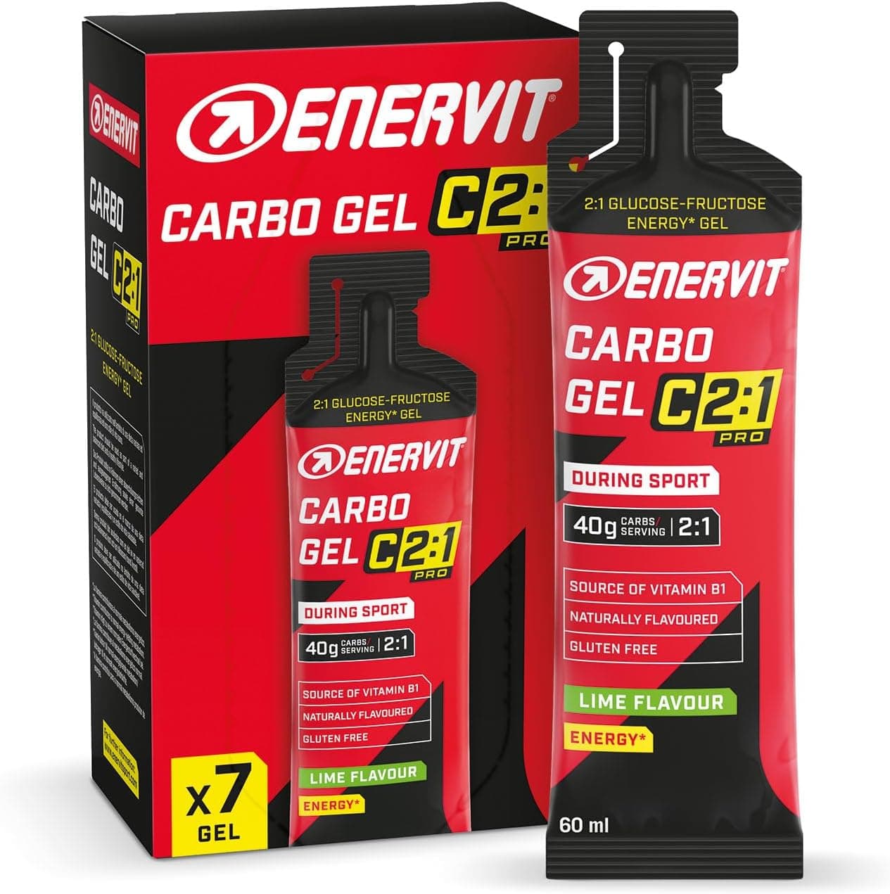 Enervit Carbo Gel C2:1PRO Lime, Gel Energético con 40g Carbohidratos, Actividades de Alta Intensidad, +50% Carbohidratos Absorbidos, Sabor Lime, Sin Gluten, Alta Digestibilidad, Vegano, 7 Pack de 60ml