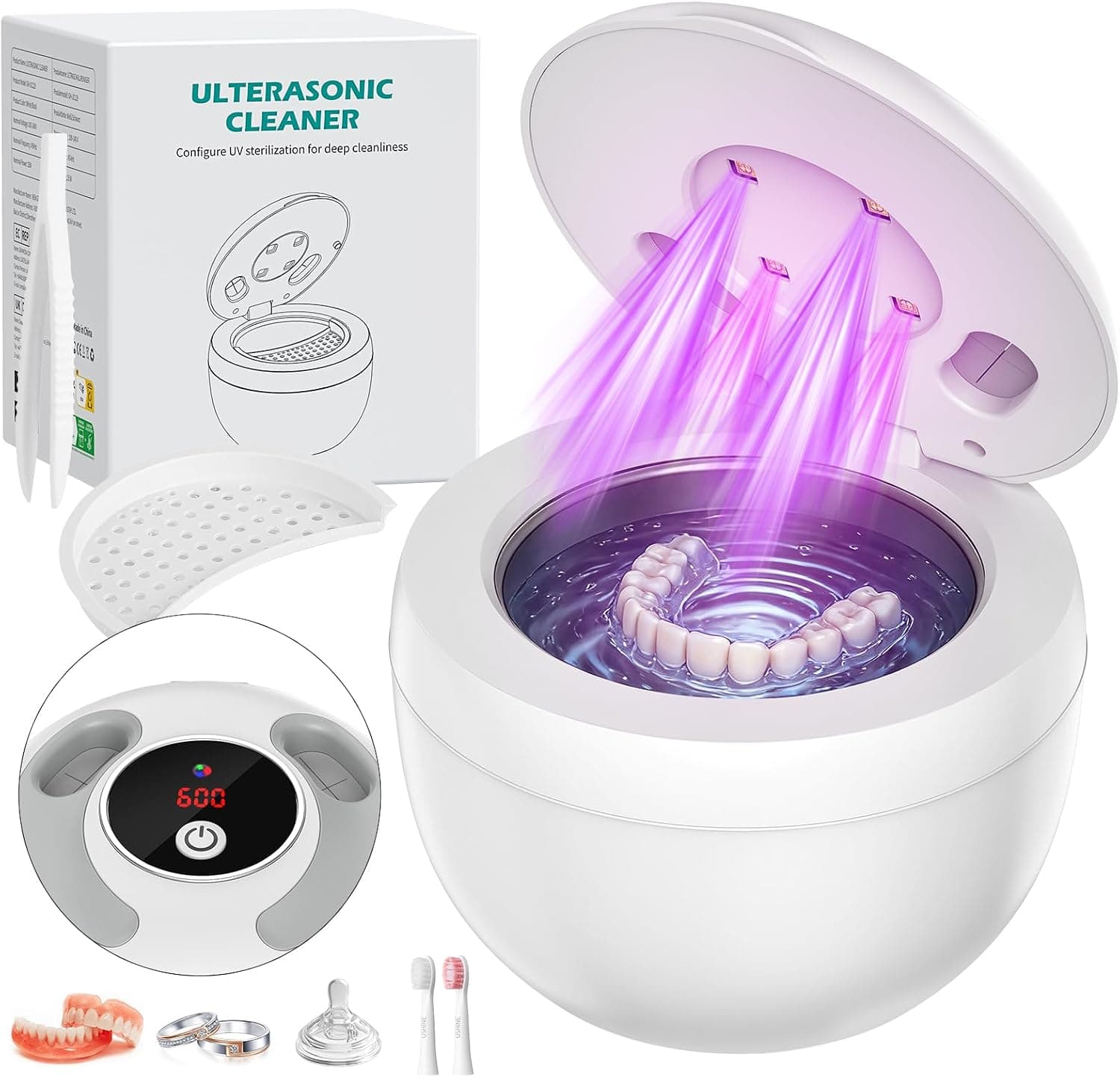 Limpiador Ultrasonidos Dental 45000Hz Ultrasonidos Limpieza con Lámpara UV y 4 Modos, 200ml Ultrasonic Retainer Cleaner Dental Pod para Dentaduras Postizas, Retenedores, Joyas