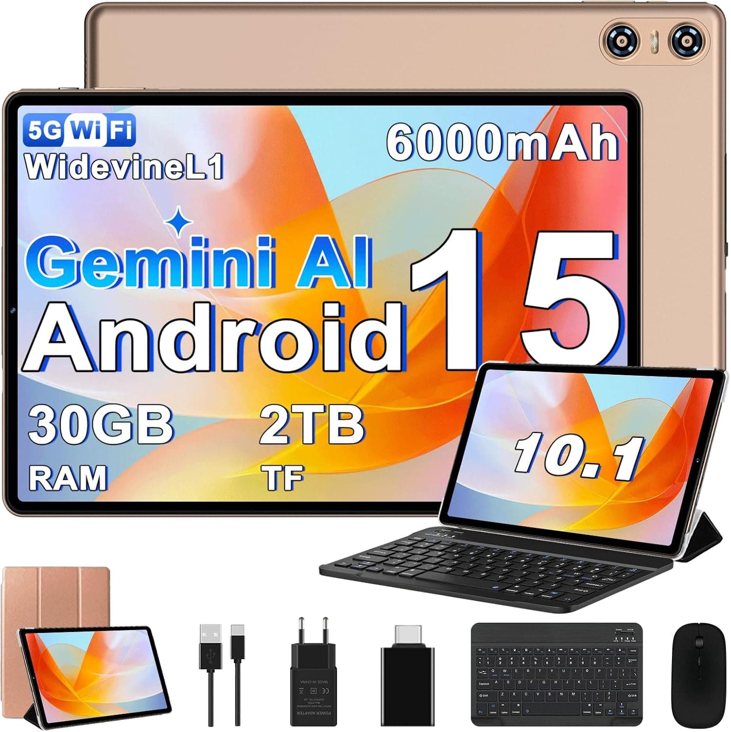 2026 Tablet 10 Pulgadas Android 15, Gemini AI, Octa-Core, 5G WiFi 6, 30GB RAM (2TB TF), Widevine L1, GMS, GPS, BT 5.0, 6000mAh, 5+8MP, 3.5mm Audio, FHD Tablet con Teclado+ Ratón + Funda, Oro