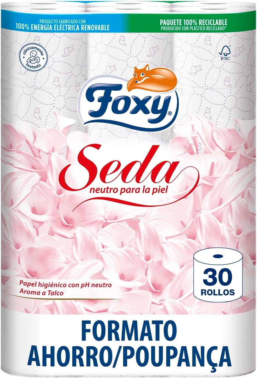 Foxy Seda | Papel higiénico 30 rollos | 173 servicios por cada rollo | Neutro para la piel | Certificación FSC | 100% Energía eléctrica renovable | Paquete reciclable producido con plástico reciclado