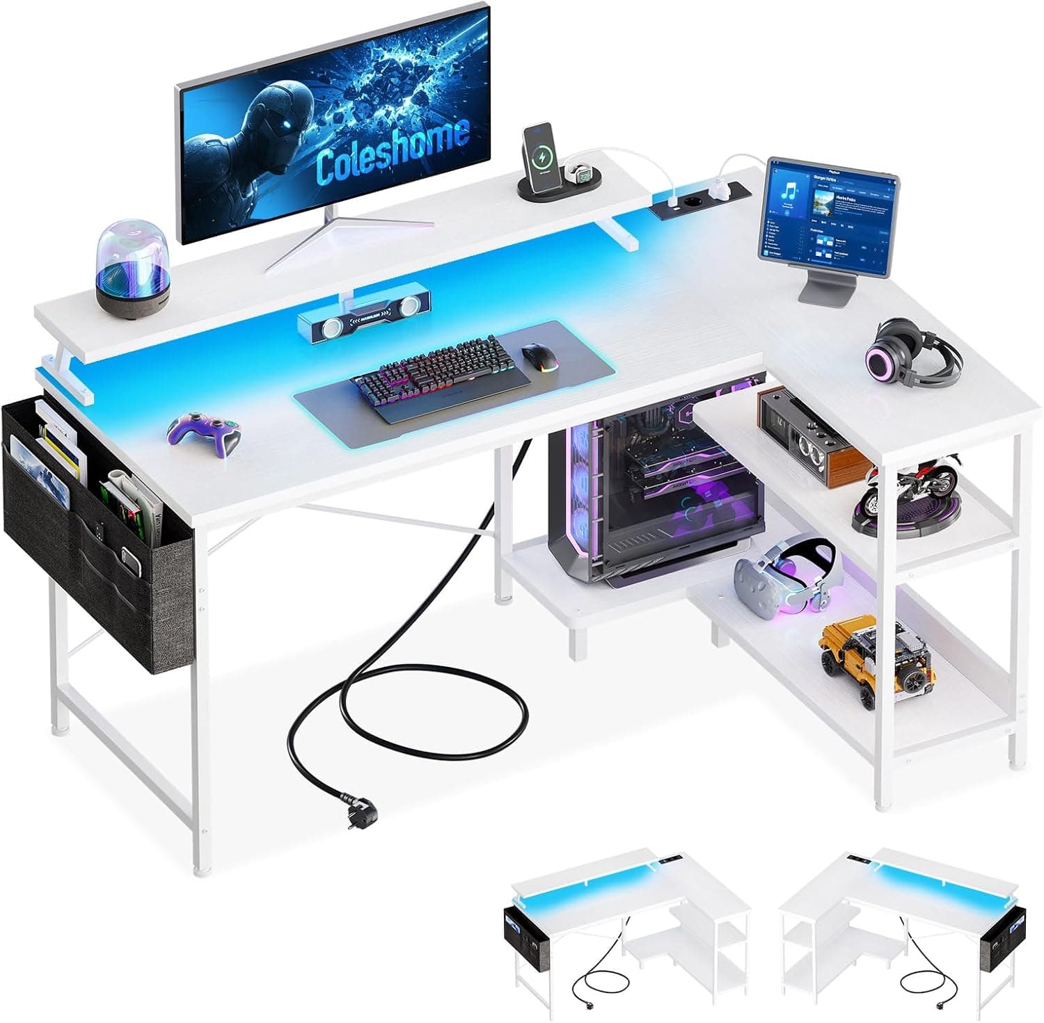 Coleshome Escritorio Gaming Esquinero con LED, 120x80cm, Blanco