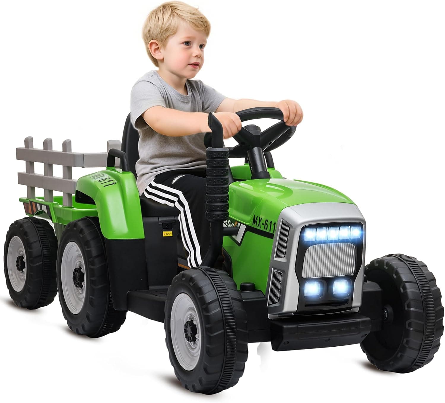 HOMCOM Tractor Eléctrico para Niños con Remolque Desmontable Verde