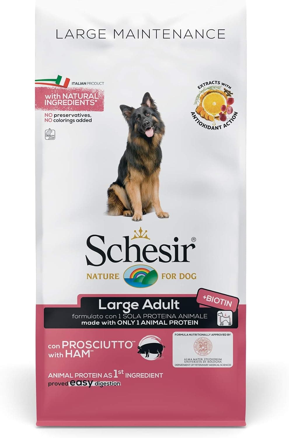 Schesir, pienso para Perros Adultos de tamaño Grande, Sabor jamón, línea Mantenimiento, croquetas - Formato Bolsa de 12 kg