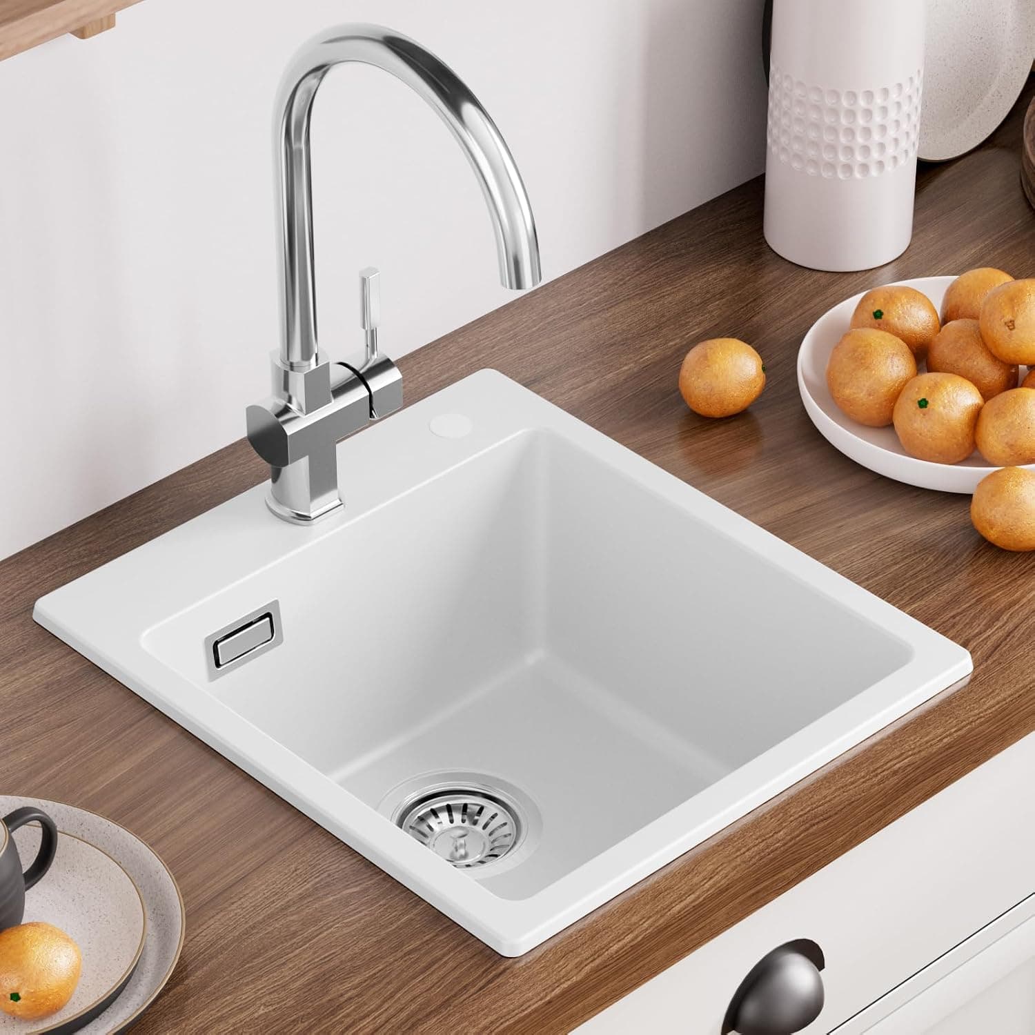 CECIPA Fregadero de granito, 40 × 45 cm, color blanco, para cocina pequeña, fregadero rectangular con juego de desagüe, moderno fregadero empotrable de granito