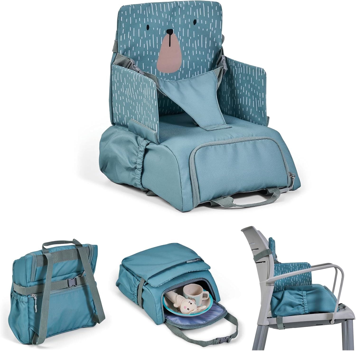 MS BabyWorld - Booster Bag | Elevador de Viaje Portátil 2 en 1 con Arnés de 5 Puntos | Mochila Convertible en Bandolera | Bolsillos exteriores | Espacio para Utensilios interior (Oso)