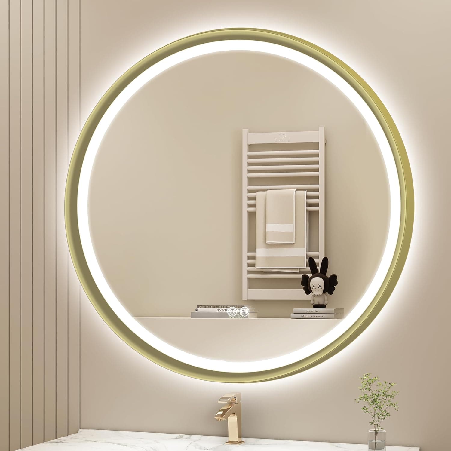 S'bagno - Espejo LED Redondo Dorado de 32 Pulgadas para baño con iluminación Frontal y retroiluminada, Marco de Metal, antiniebla, Regulable Continuo, Espejo de Temperatura de 3 Colores