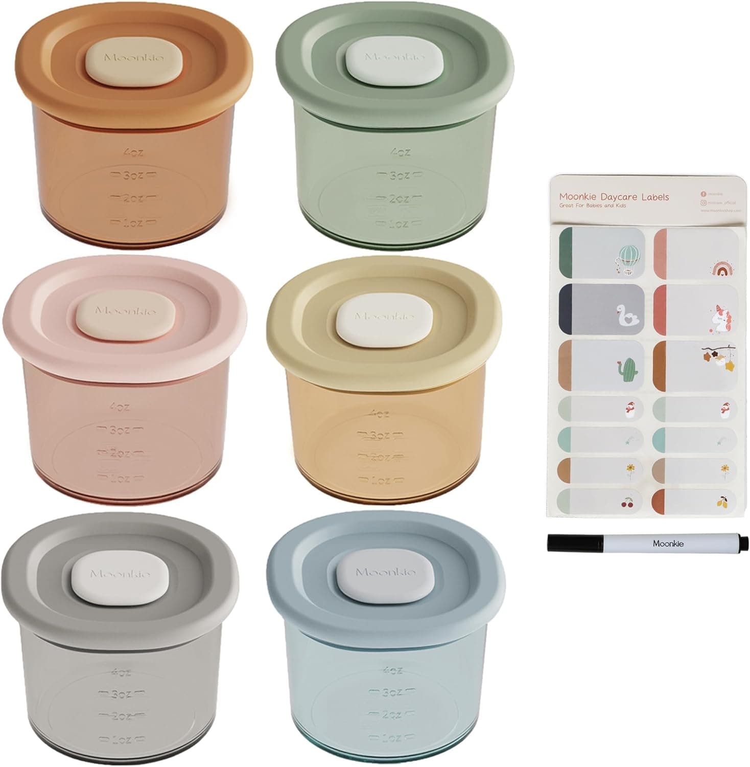 Moonkie Set 6 Tarros Potitos Bebé Silicona 120ml, Herméticos y Sin BPA, Recipientes Comida para Bebés, Aptos para Lavavajillas, Microondas y Congelador