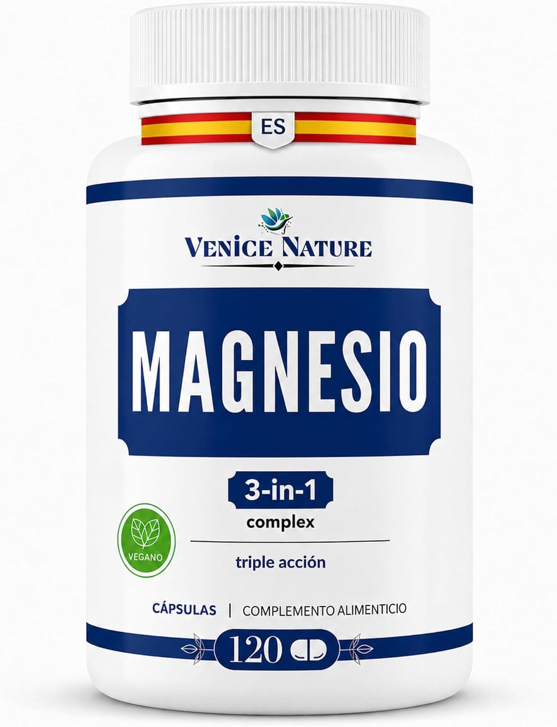 Magnesio Complex 400mg - 3 en 1 - Bisglicinato + Citrato + Óxido Marino, Magnesio 3 Puro, 120 Cápsulas Vegan - Uso Diario - Venice Nature