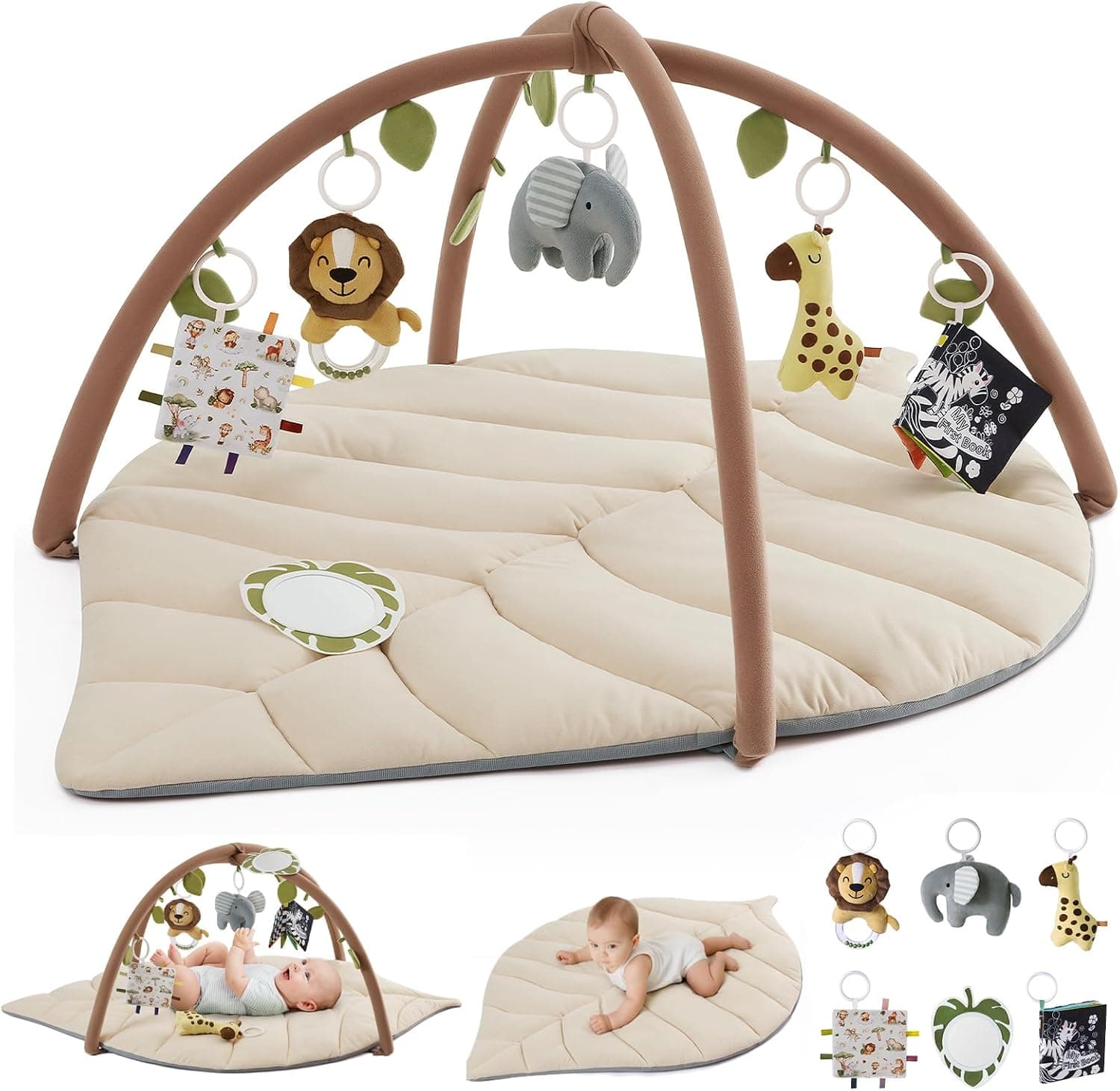 Blissful Diary Gimnasio Bebe, Manta Actividades Bebe De Forma De Hoja Con Arco Desmontable Y 6 Juguetes, Manta Juegos Bebe Para Desarrollo Sensorial Y Motor, Regalo Esencial Para Bebés, Beige Avena