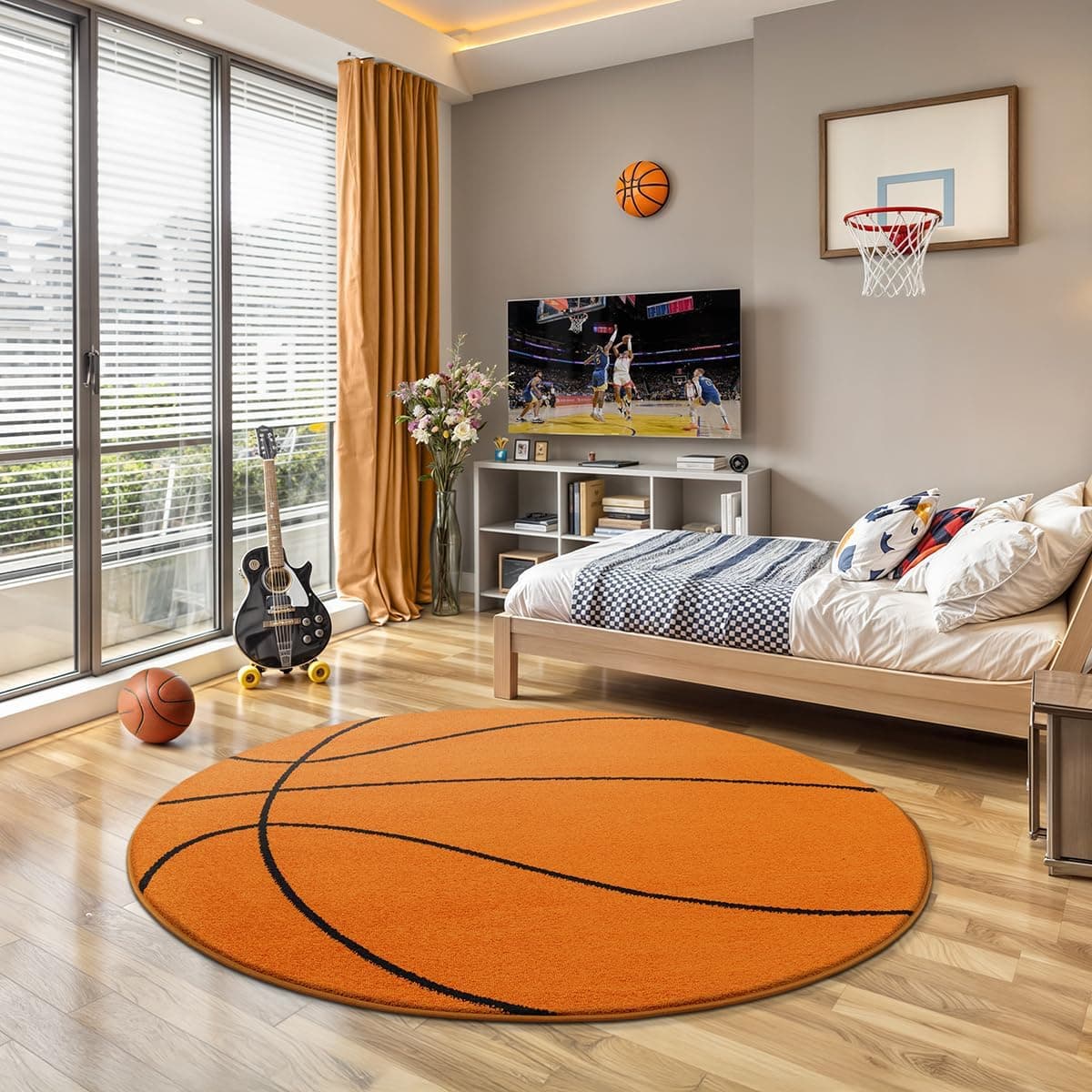 the carpet Beat Kids Alfombra infantil suave y mullida, alfombra de juego, pelo esponjoso y suave, fácil de cuidar, resistente a la decoloración, con motivo de baloncesto, naranja, 120 cm redonda