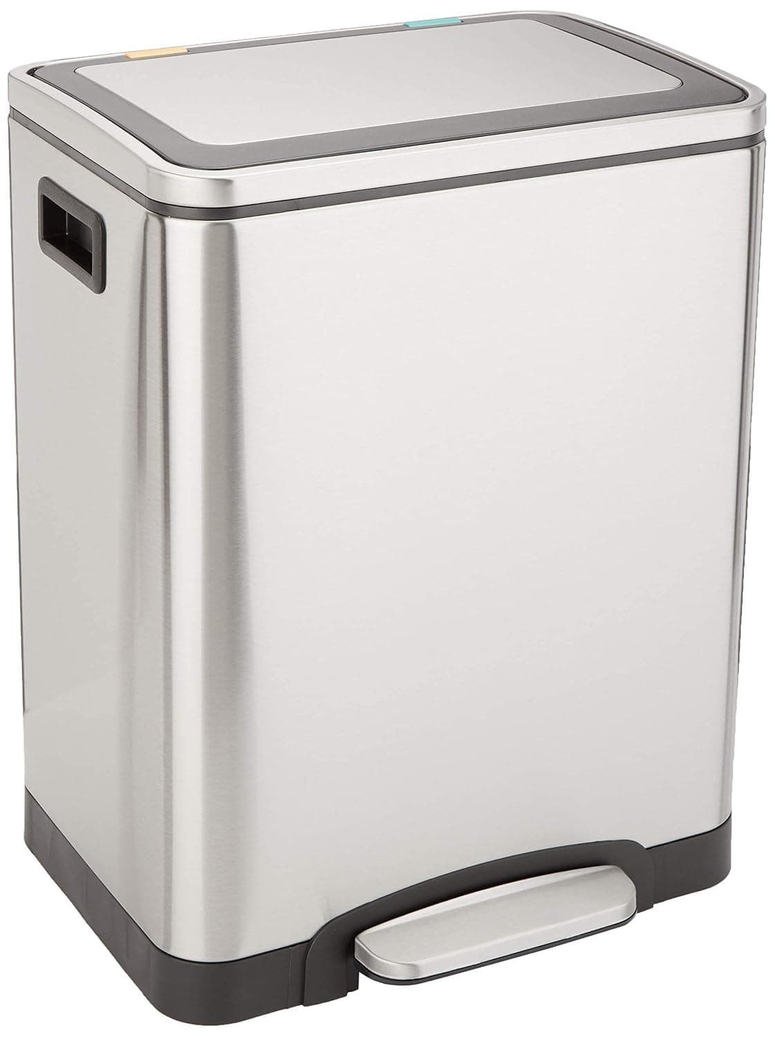 Amazon Basics Bote de basura de 2 x 15 L (30L) con dos compartimentos y pedal de tubo de acero, cierre suave con tapa, para cocina, baño u oficina, rectangular, satinado, Plateado
