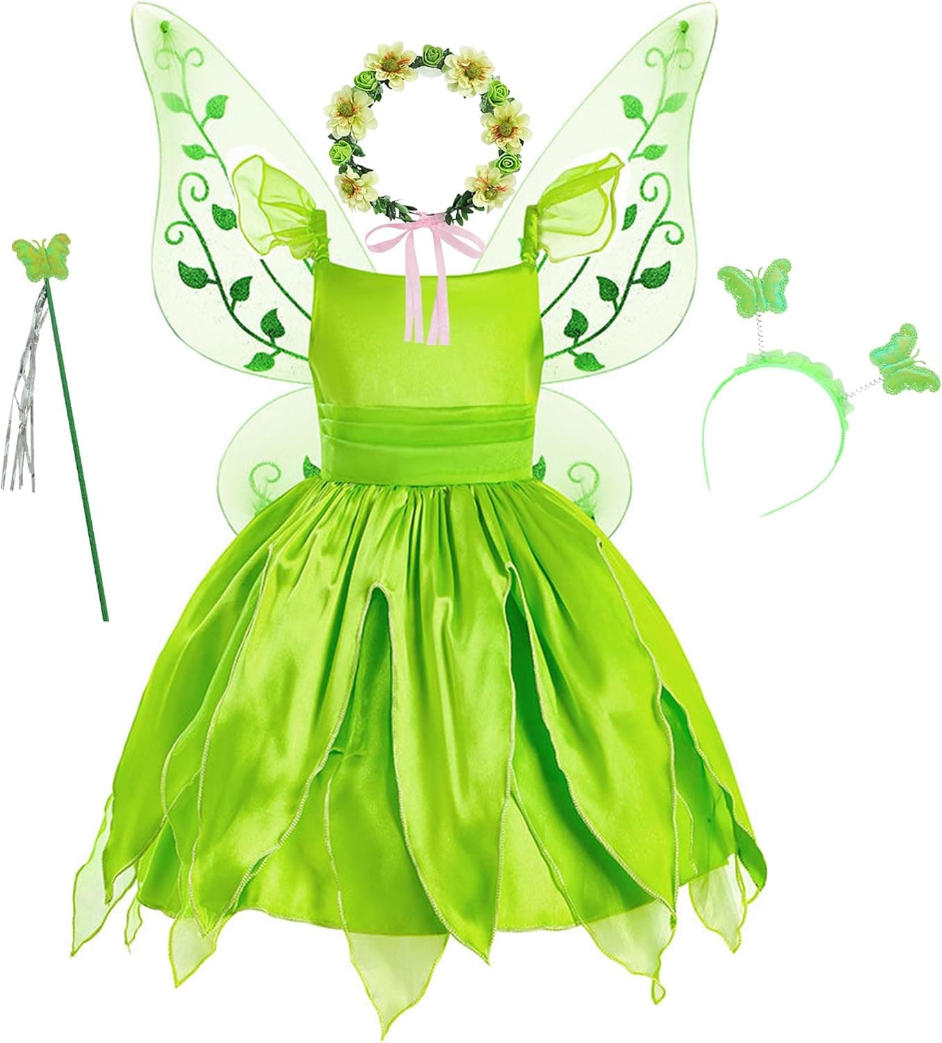 New front Vestido Niña Disfraz de Campanilla Disfraz Disfraz con Accesorios de Campanilla Infantil Verano Seda Faux Fiestas Tema Carneval Halloween Cumpleaños Verde