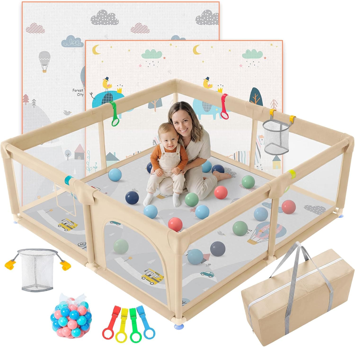JUPPLIES Parque Infantil Bebe 120x120cm + Alfombra Bebe + 50 Bolas + Agarraderas + Canasta + Bolsa de Transporte – Corralito Bebe con Malla Transpirable (Beige)