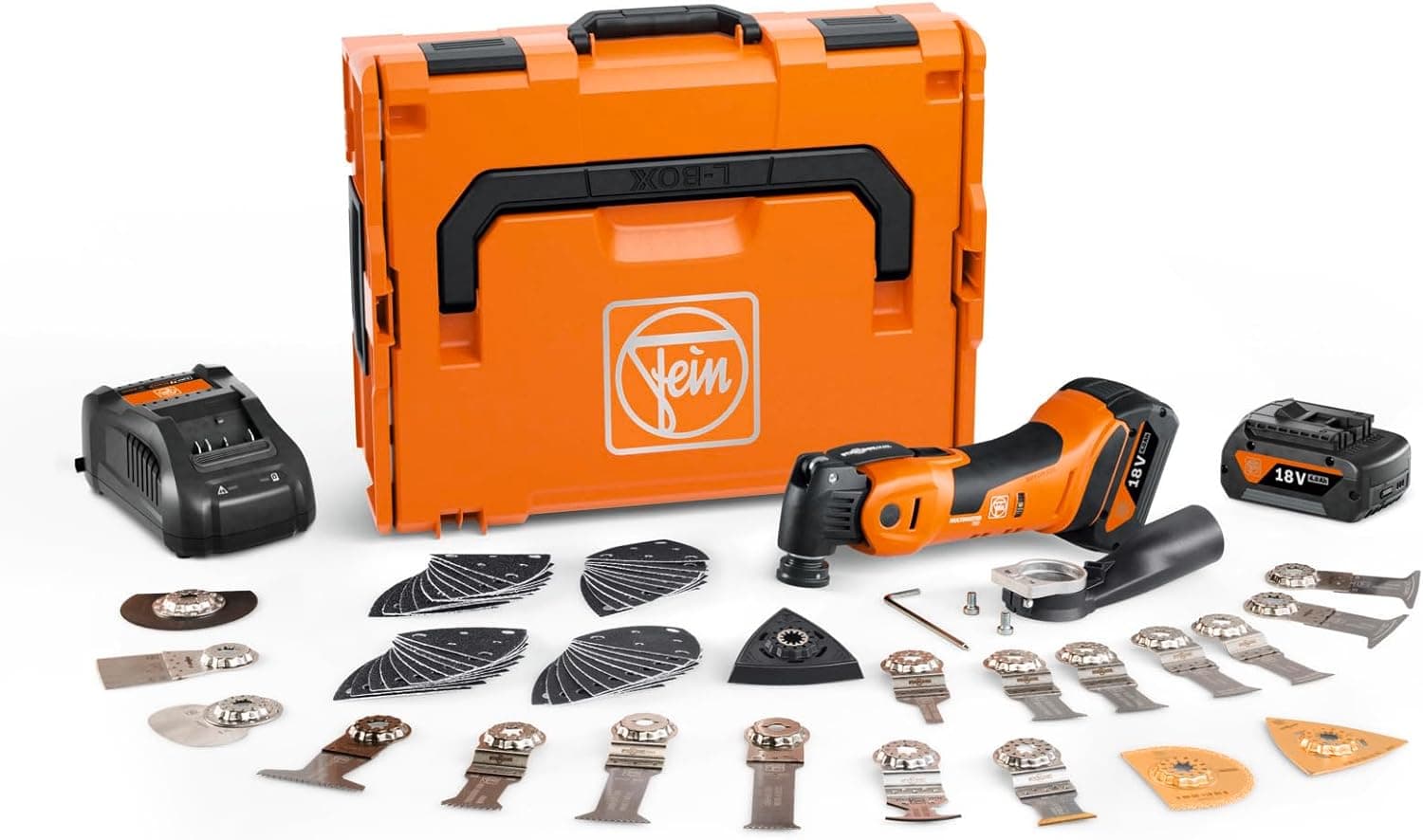 FEIN Multimaster batería AMM 700 Max Top 4.0 Ah AS, con 60 accesorios para obras en interiores y reformas.Compatible con baterías AMPShare/BOSCH 18V.con cargador GAL 1880 y 2 baterías Li-Ion 18V/4Ah